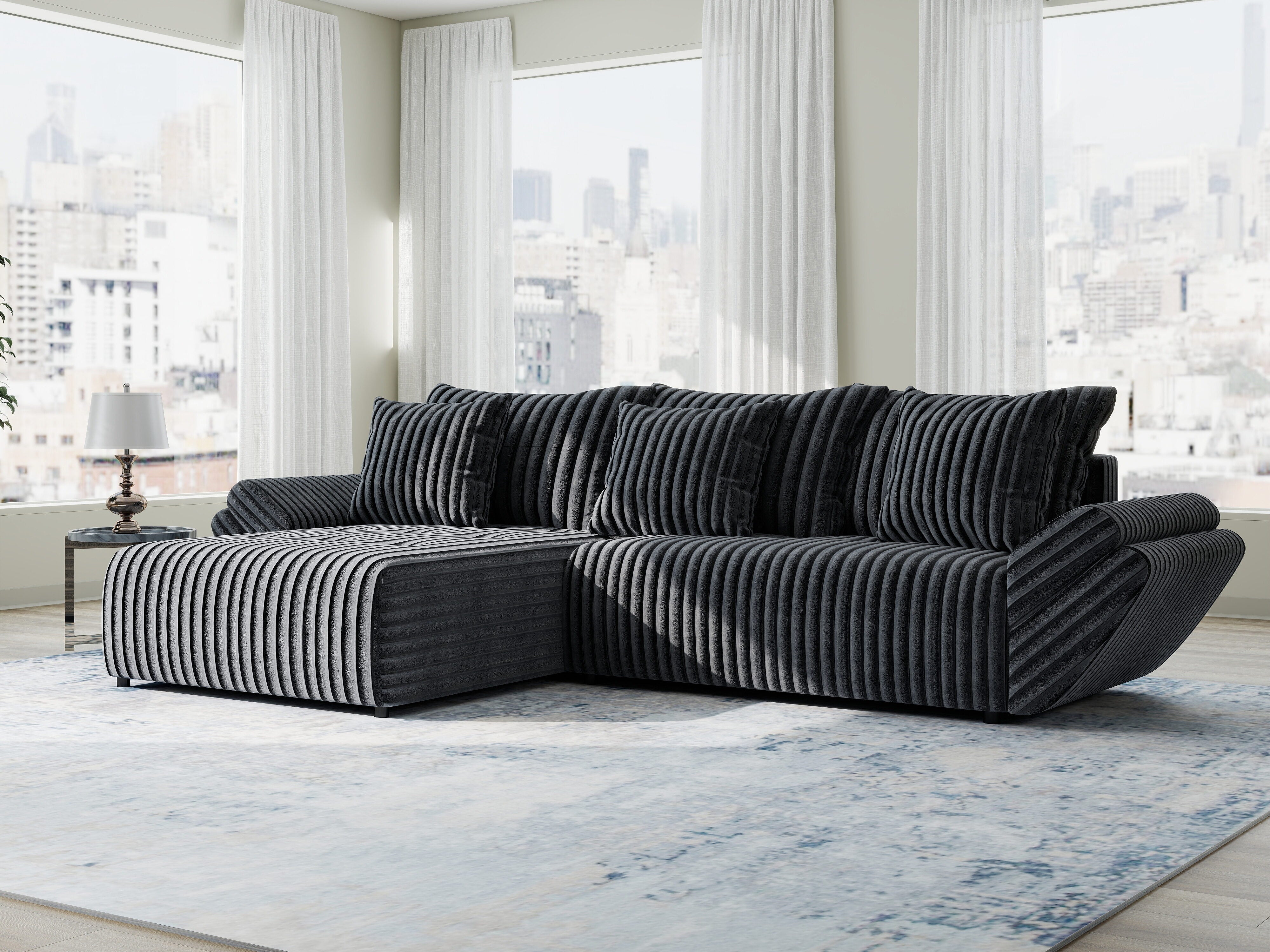 Colțar extensibil dumonde cu ladă de depozitare si sezut confortabil din spuma HR, Berlin Ambience Gri 280x185 cm