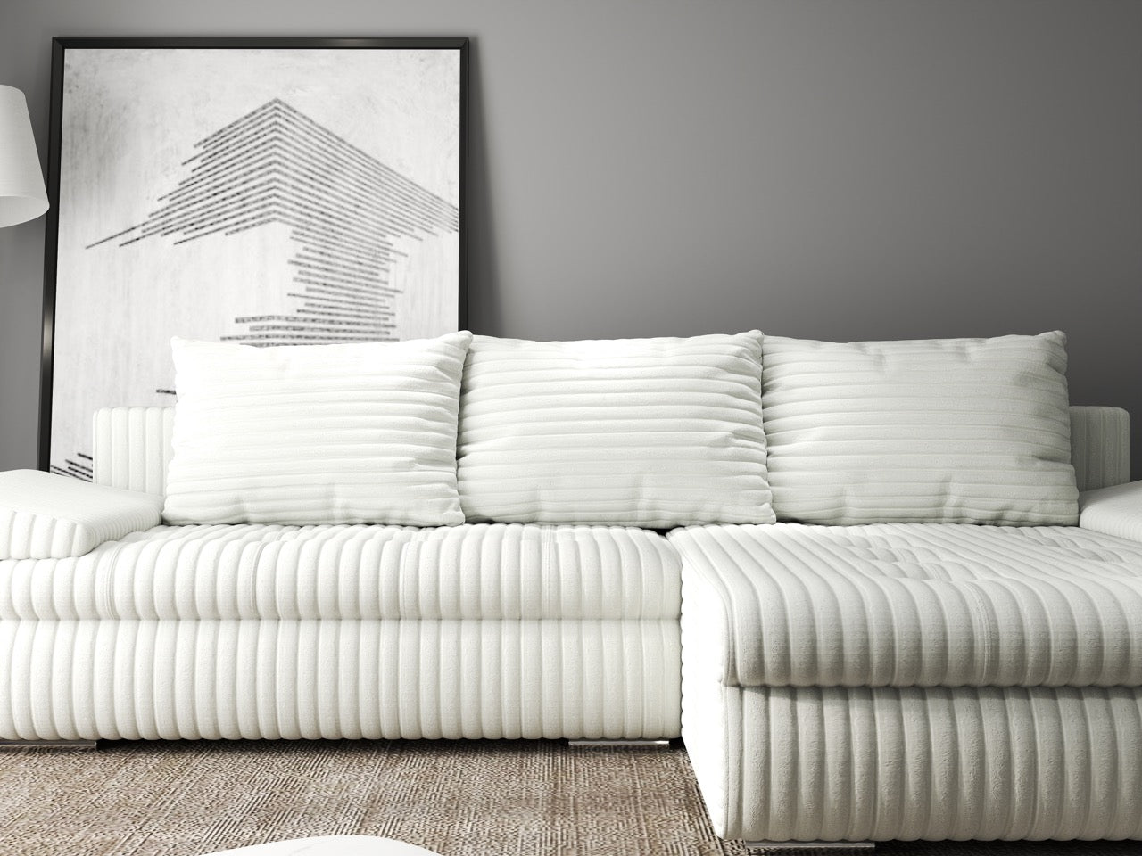 Colțar extensibil dumonde cu ladă de depozitare si sezut confortabil din spuma HR, Leonardo Ambience Ivory 260x185 cm II Fabrica