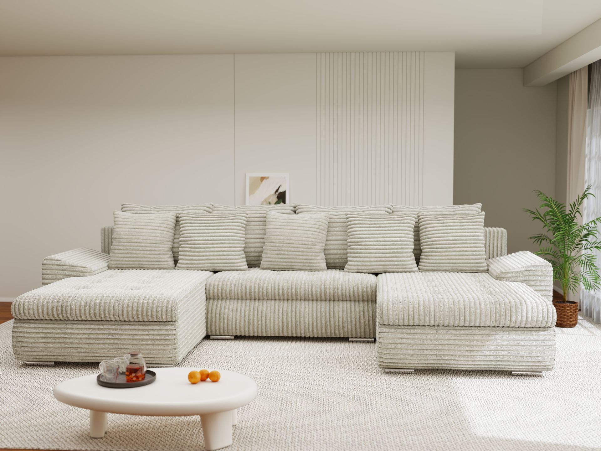 Colțar extensibil dumonde cu ladă de depozitare si sezut confortabil din spuma high-density, Leonardo U Tilia Bej 08 360x185 cm