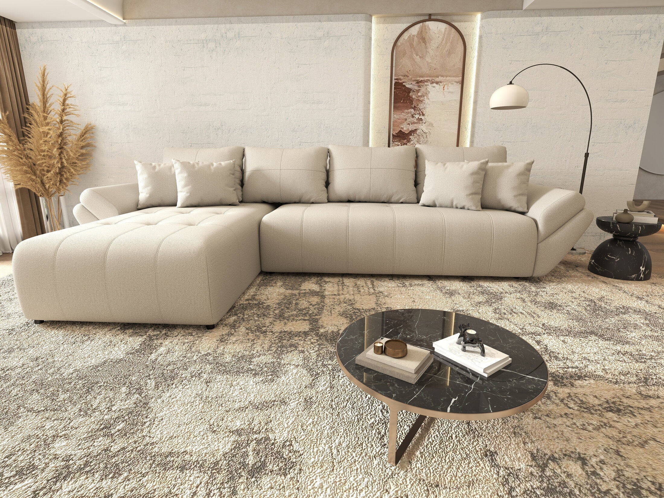 Colțar extensibil dumonde cu ladă de depozitare si sezut confortabil din spuma high-density, Berlin XL Enjoy Beige 350x185 cm