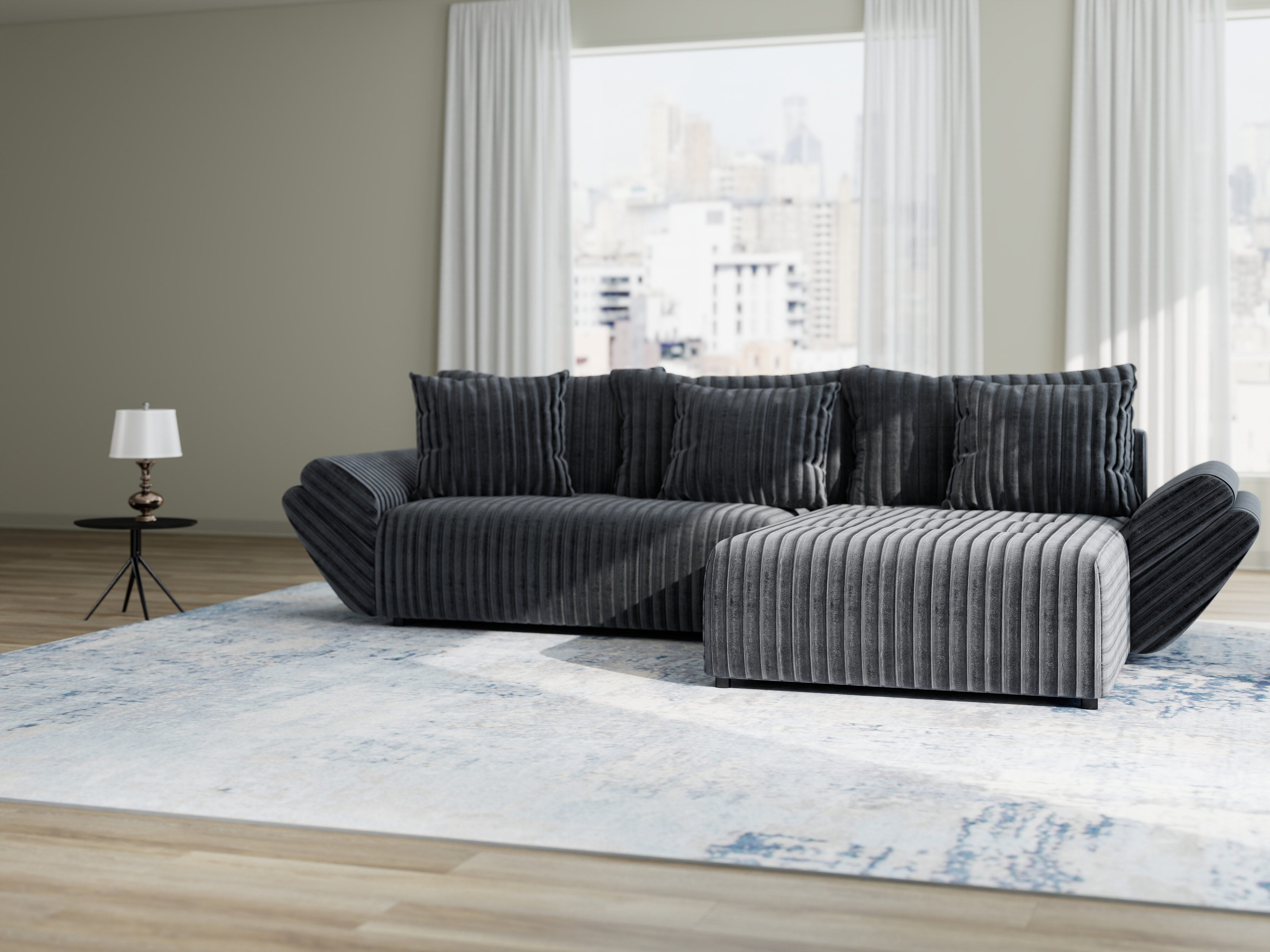 Colțar extensibil dumonde cu ladă de depozitare si sezut confortabil din spuma HR, Berlin Ambience Gri 280x185 cm II