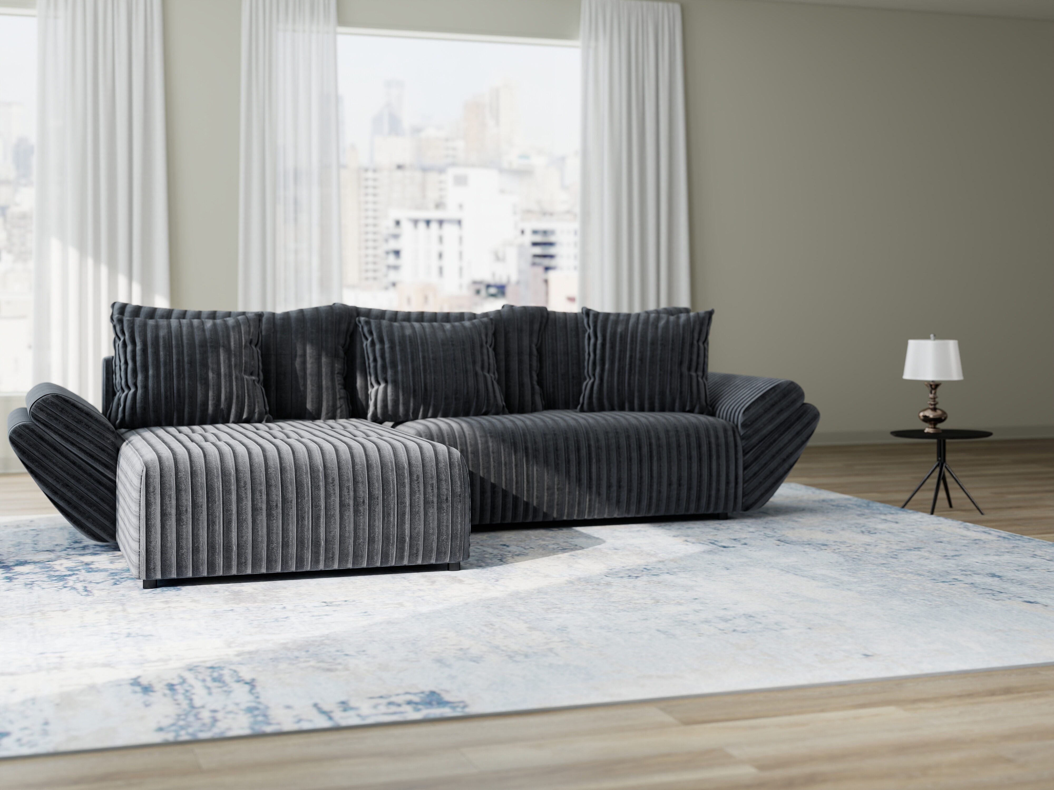 Colțar extensibil dumonde cu ladă de depozitare si sezut confortabil din spuma HR, Berlin Ambience Gri 280x185 cm