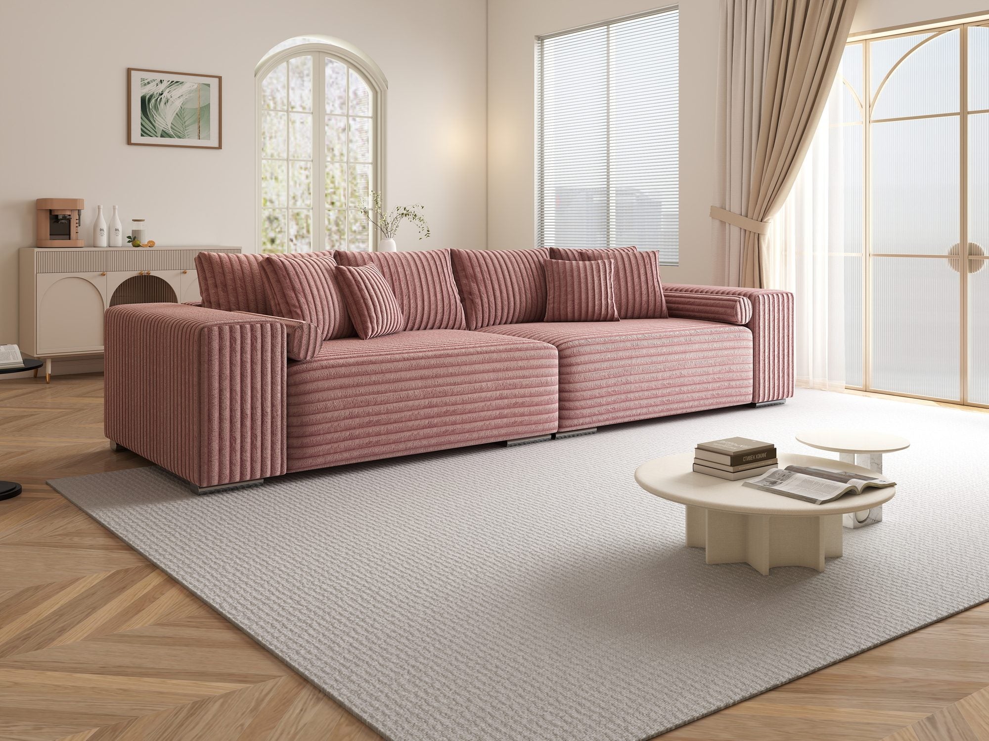 Canapea extensibilă dumonde cu ladă de depozitare si sezut confortabil din spuma high-density, Marbela XXL Tilia Roz Pudrat 62 290x100 cm