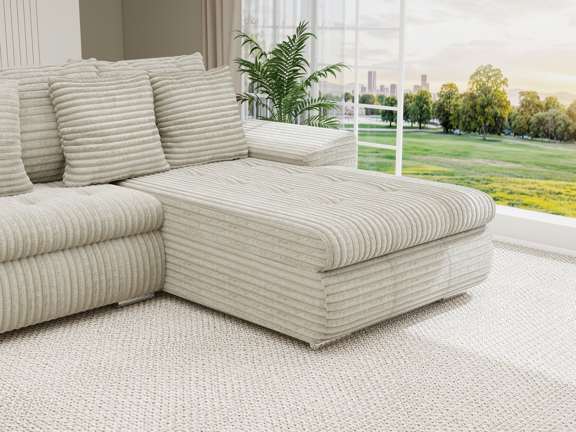 Colțar extensibil dumonde cu ladă de depozitare si sezut confortabil din spuma high-density, Leonardo U Tilia Bej 08 360x185 cm