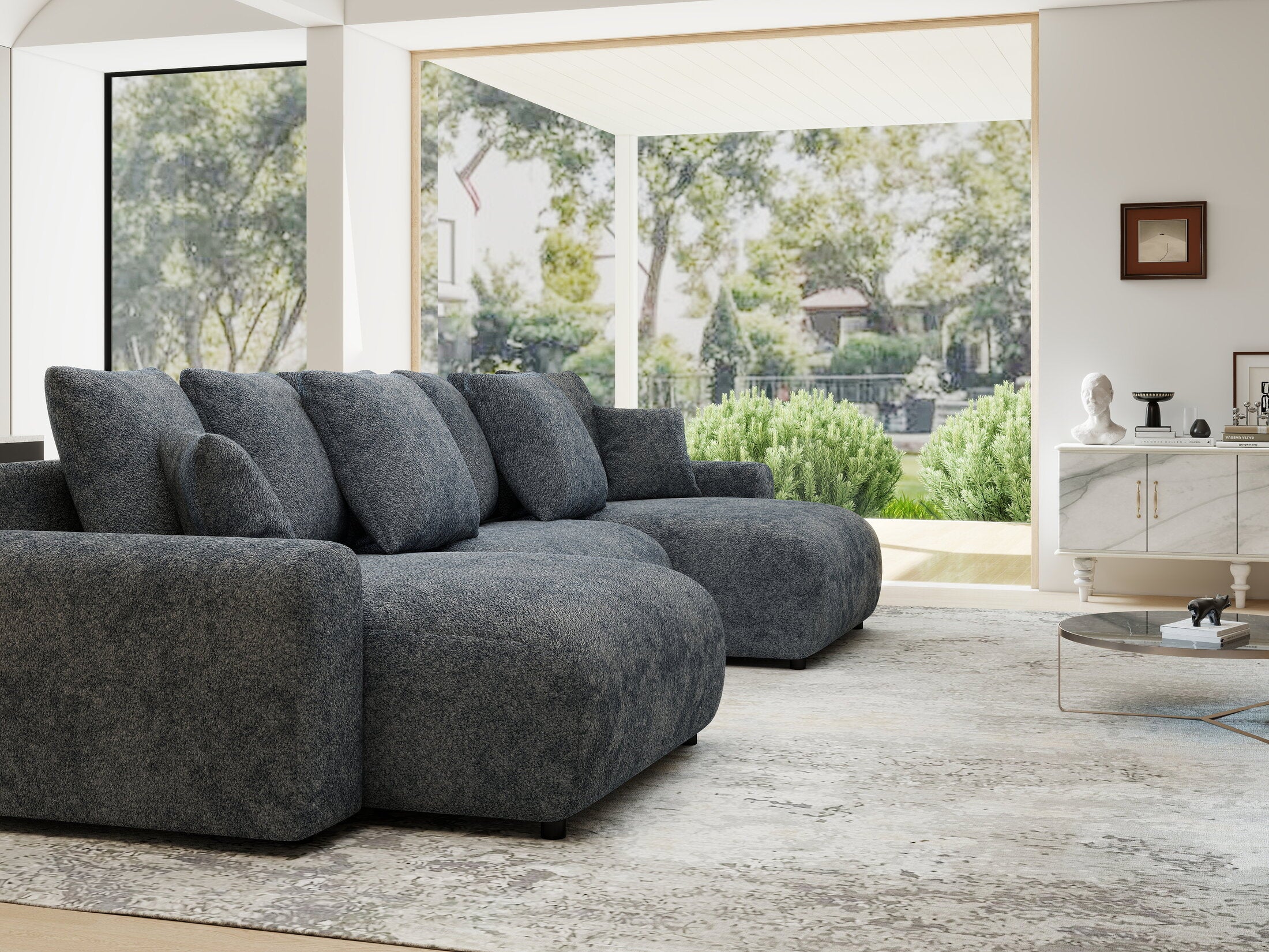 Colțar extensibil dumonde cu ladă de depozitare si sezut confortabil din spuma HR, Luma U Euphoria Gri Grafit 336x140 cm