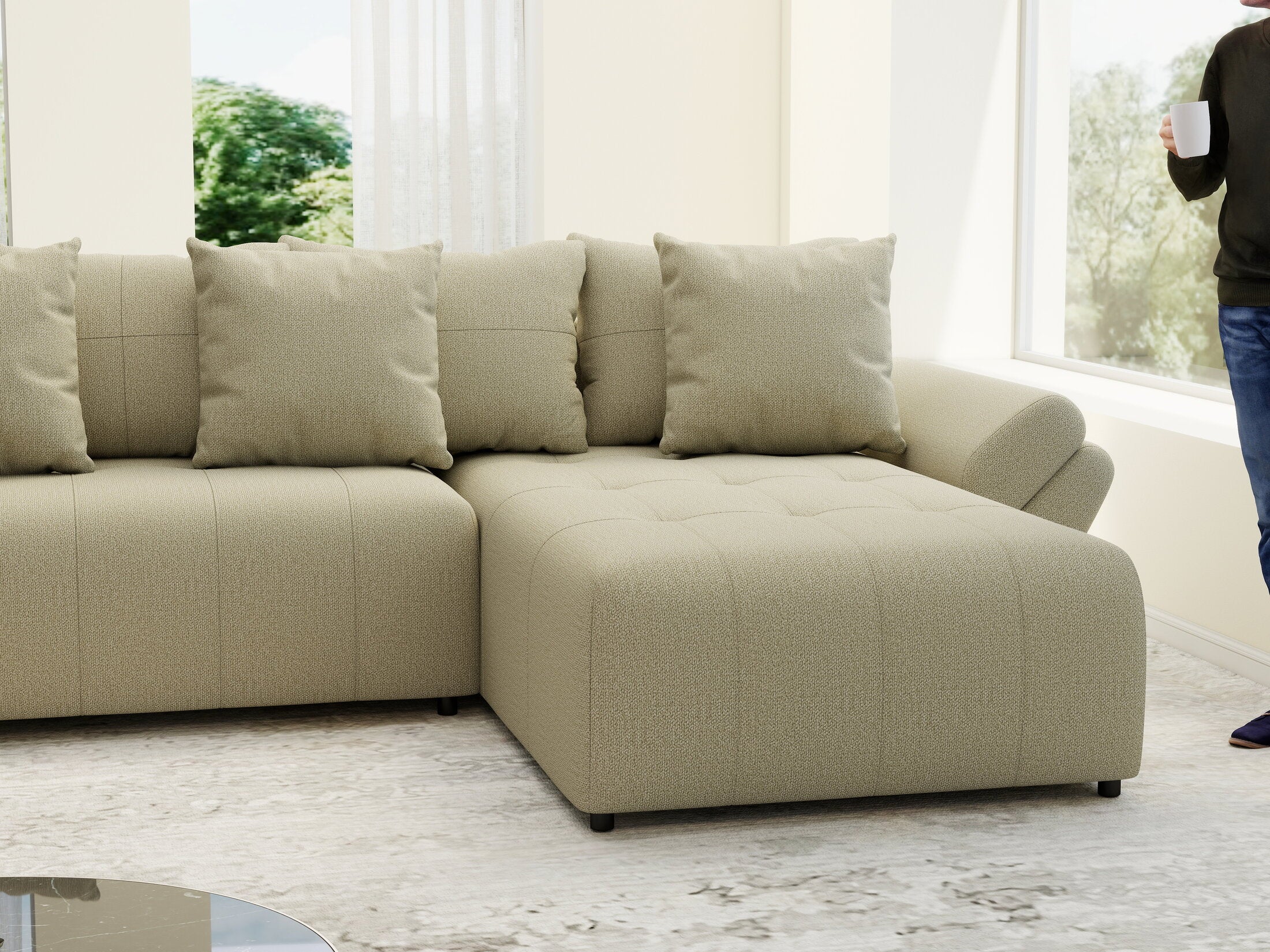 Colțar extensibil dumonde cu ladă de depozitare si sezut confortabil din spuma HR, Berlin U Enjoy Camel 380x180 cm