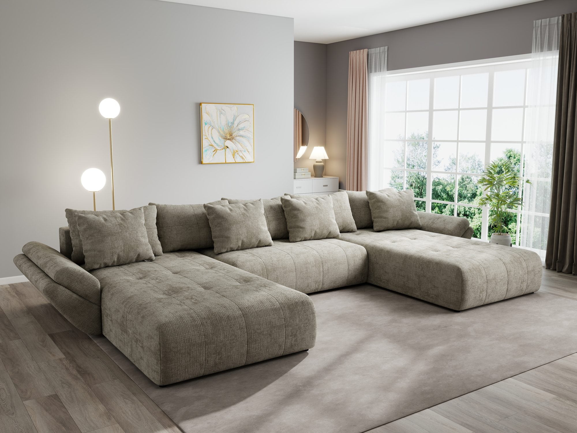Colțar extensibil dumonde cu ladă de depozitare si sezut confortabil din spuma high-density, Berlin U Cremona Bej 14 380x180 cm