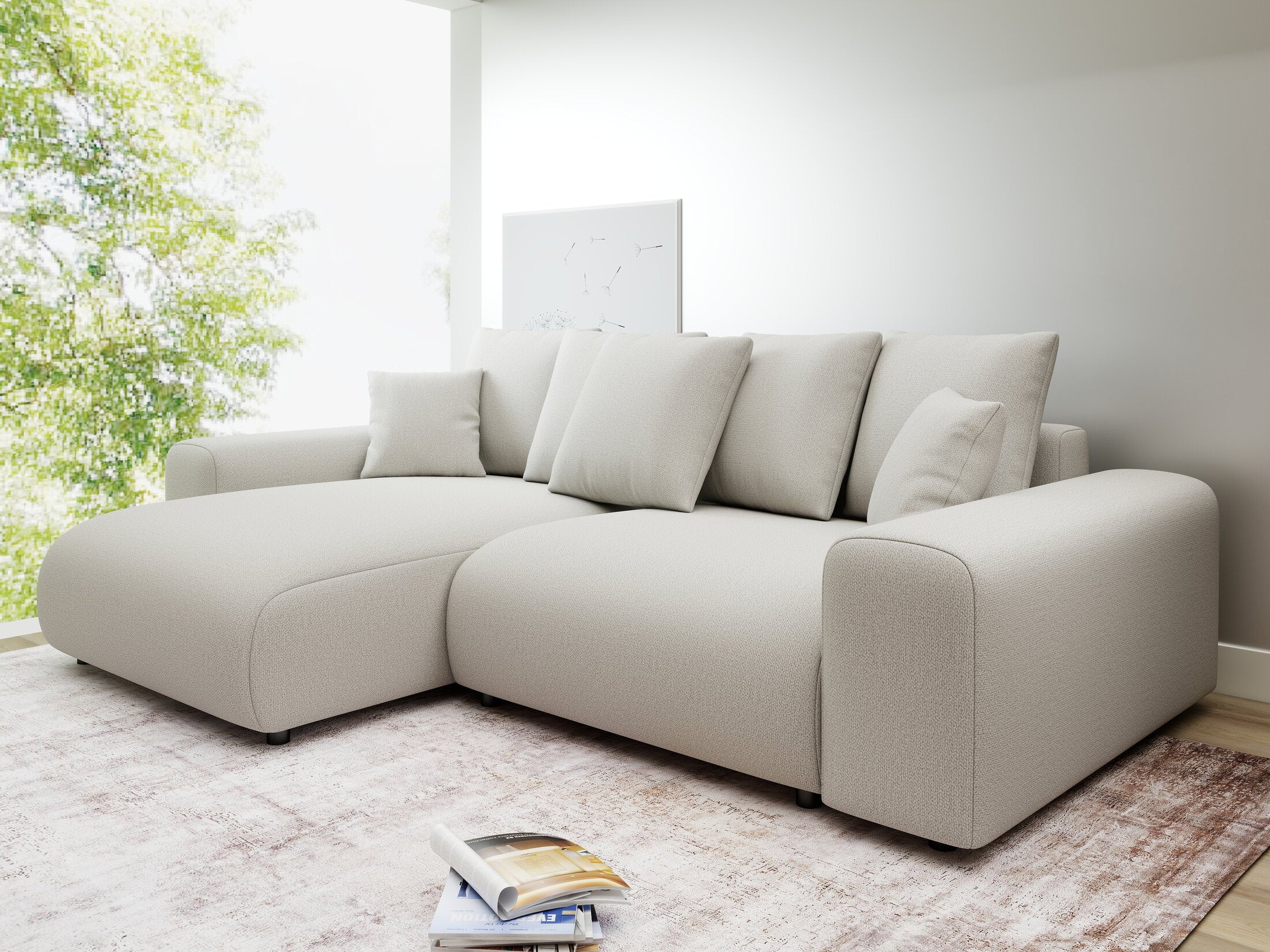 Colțar extensibil dumonde cu ladă de depozitare și șezut confortabil din spumă HR, Luma Enjoy Bej 255x168 cm