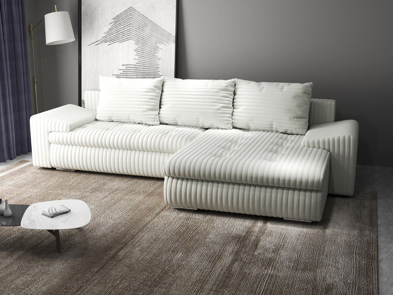 Colțar extensibil dumonde cu ladă de depozitare si sezut confortabil din spuma HR, Leonardo Ambience Ivory 260x185 cm II Fabrica