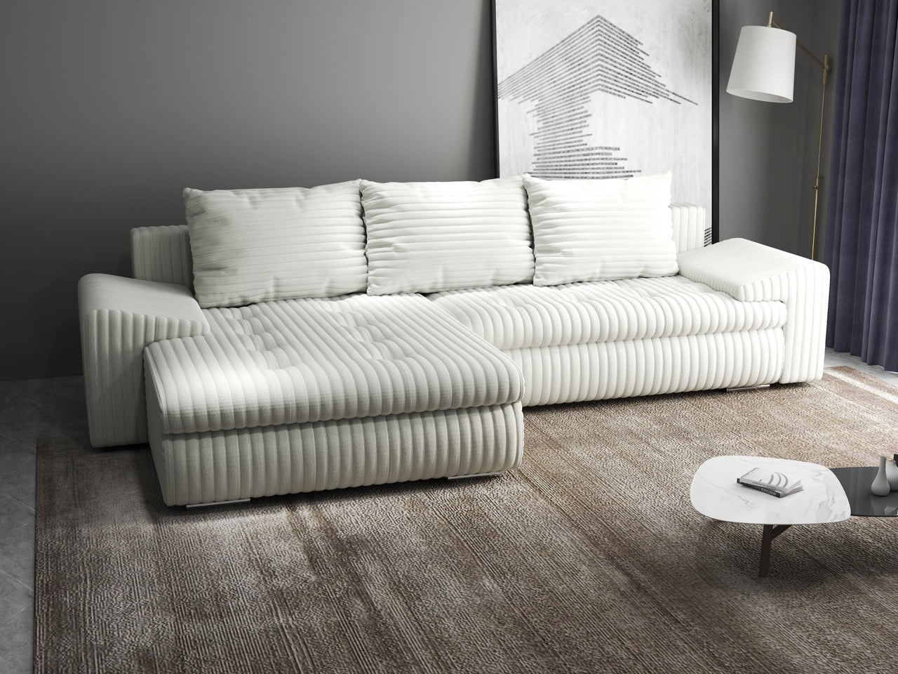 Colțar extensibil dumonde cu ladă de depozitare si sezut confortabil din spuma HR, Leonardo Ambience Ivory 260x185 cm Fabrica