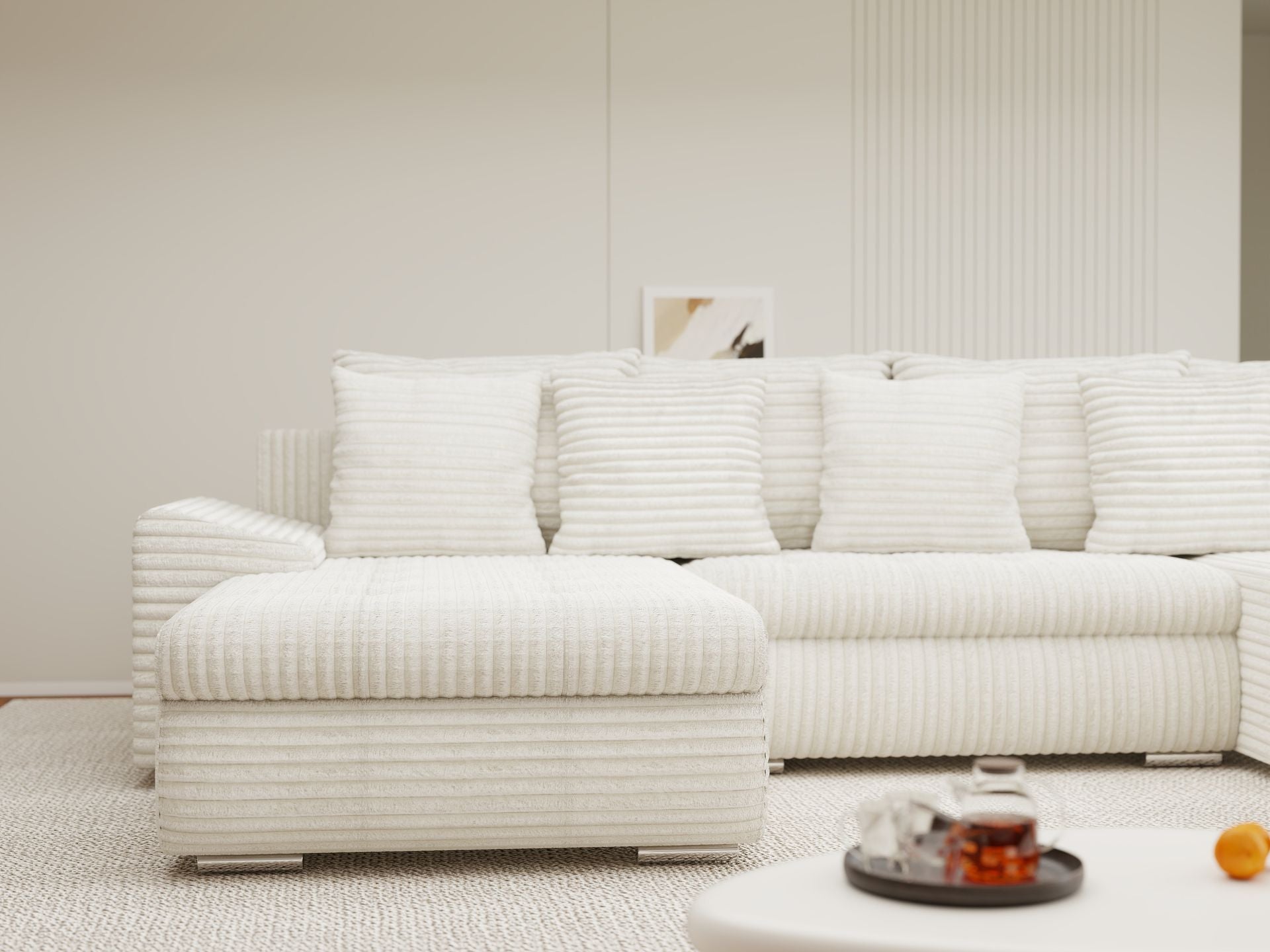 Colțar extensibil dumonde cu ladă de depozitare si sezut confortabil din spuma high-density, Leonardo U Tilia Bej 01 360x185 cm