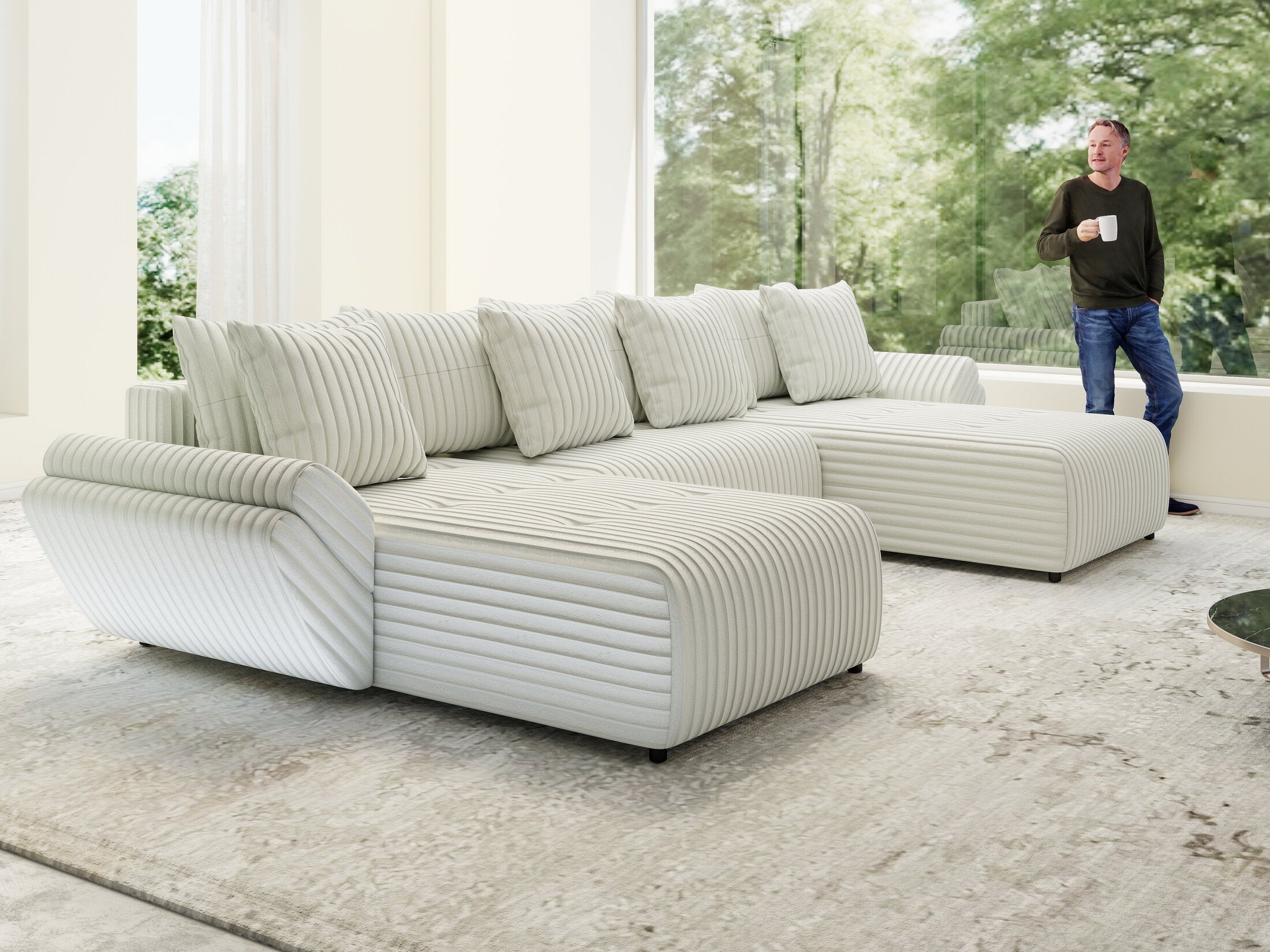 Colțar extensibil dumonde cu ladă de depozitare si sezut confortabil din spuma HR, Berlin U Ambience Ivory 380x180 cm