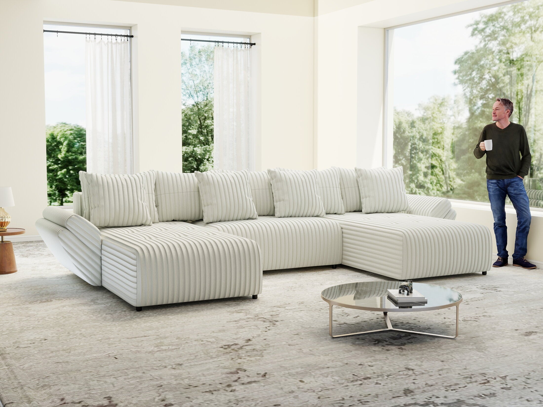 Colțar extensibil dumonde cu ladă de depozitare si sezut confortabil din spuma HR, Berlin U Ambience Ivory 380x180 cm