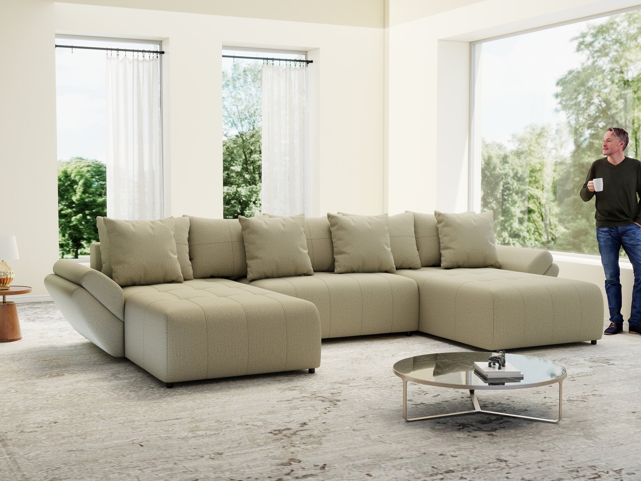 Colțar extensibil dumonde cu ladă de depozitare si sezut confortabil din spuma HR, Berlin U Enjoy Camel 380x180 cm