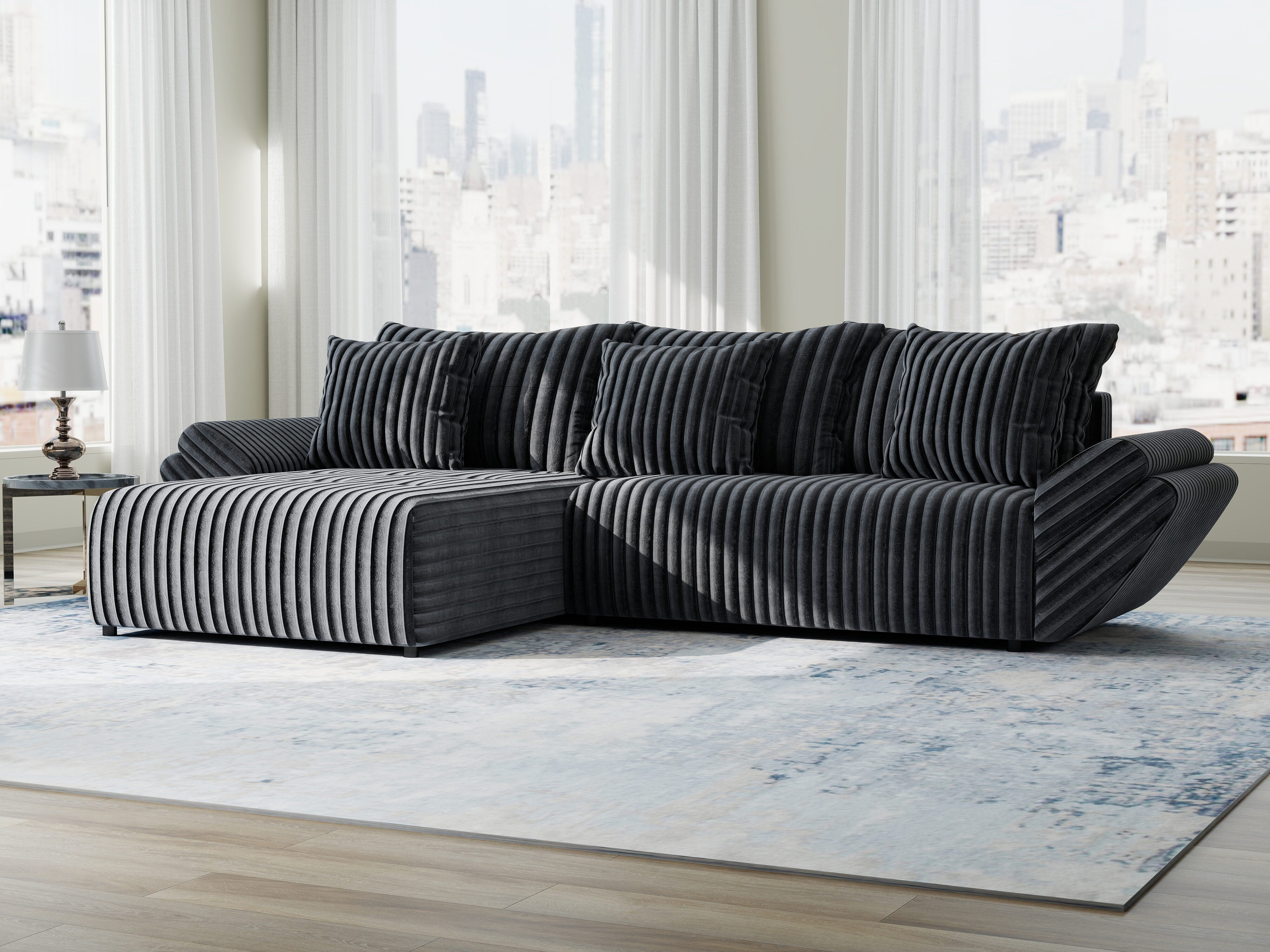 Colțar extensibil dumonde cu ladă de depozitare si sezut confortabil din spuma HR, Berlin Ambience Gri 280x185 cm