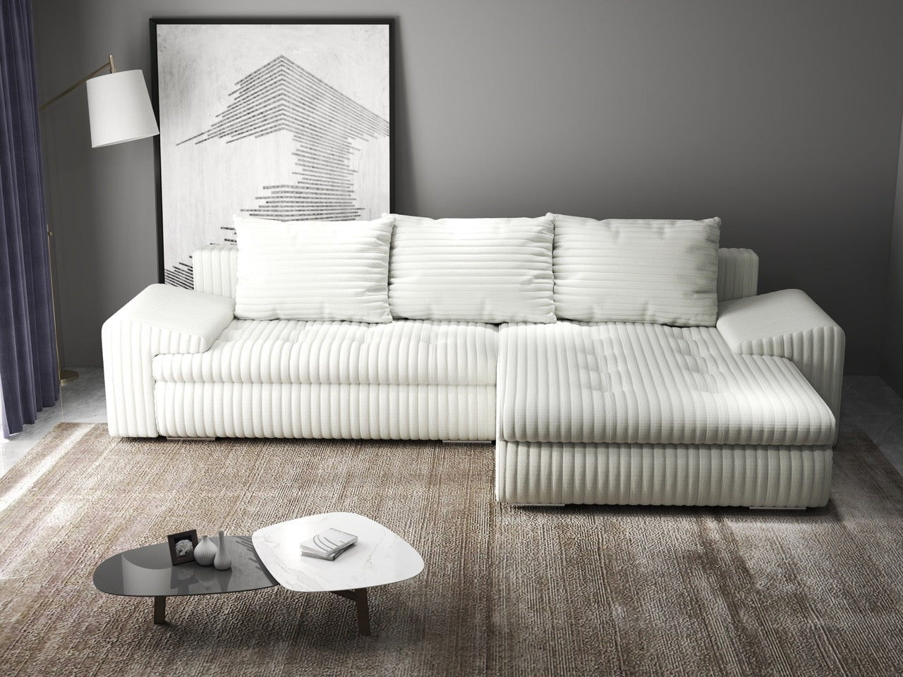 Colțar extensibil dumonde cu ladă de depozitare si sezut confortabil din spuma HR, Leonardo Ambience Ivory 260x185 cm II Fabrica