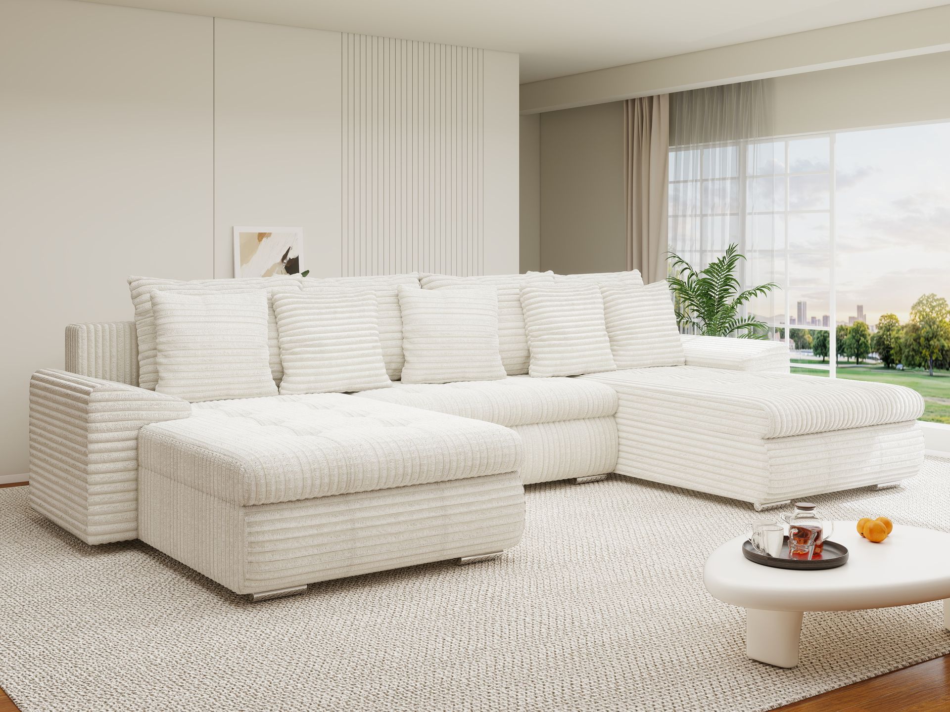 Colțar extensibil dumonde cu ladă de depozitare si sezut confortabil din spuma high-density, Leonardo U Tilia Bej 01 360x185 cm