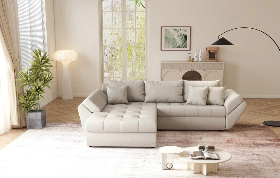 Colțar extensibil dumonde cu ladă de depozitare si sezut confortabil din spuma HR, Loana Enjoy Bej 270x185 cm Fabrica