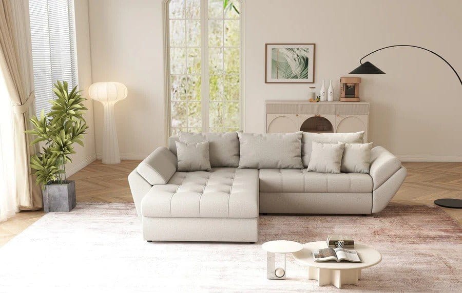 Colțar extensibil dumonde cu ladă de depozitare si sezut confortabil din spuma HR, Loana Enjoy Bej 270x185 cm Fabrica