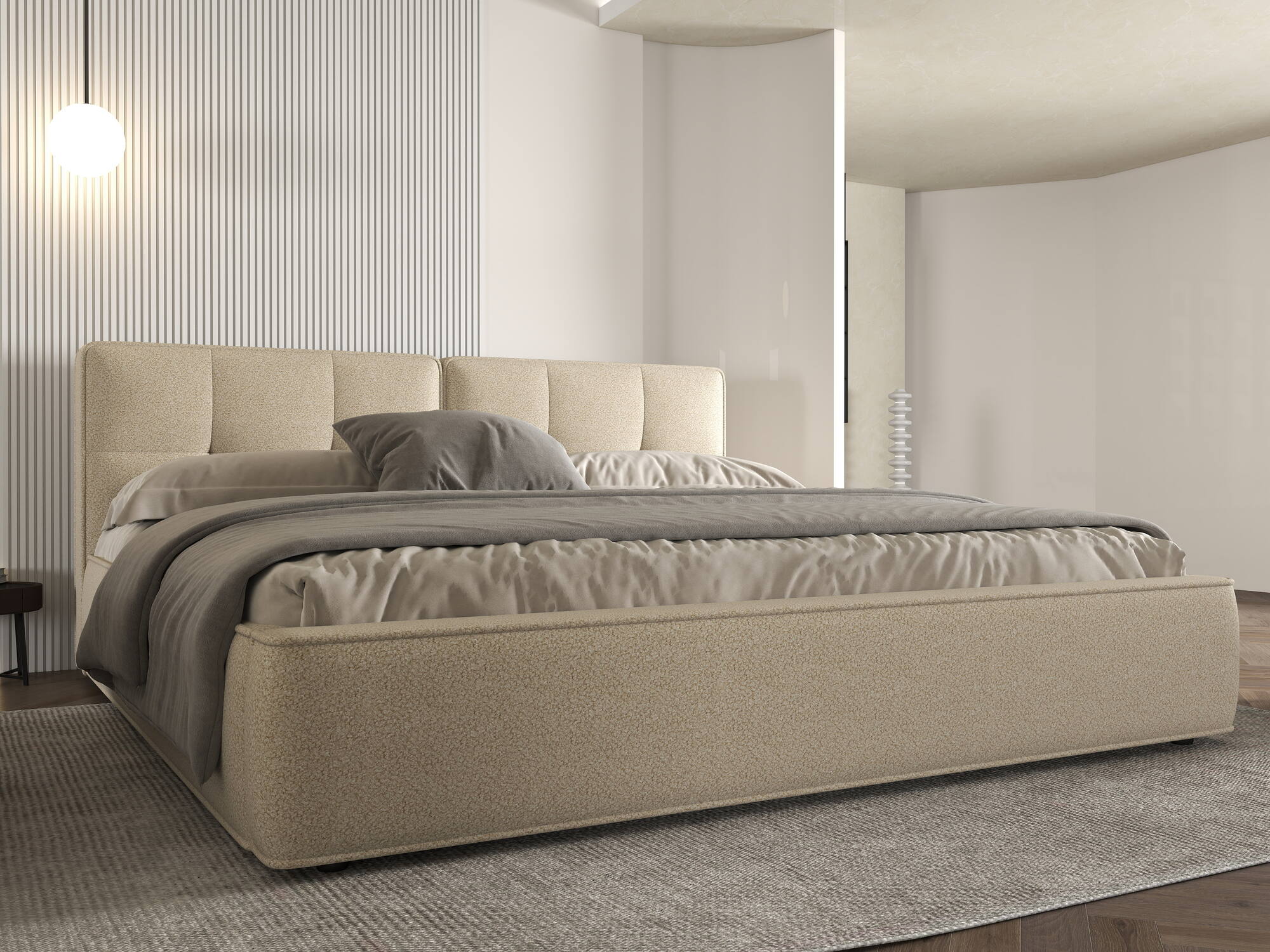 Pat dormitor dumonde, tapitat bej, Vegas 180x200 cm, somiera rabatabila inclusa, spatiu depozitare