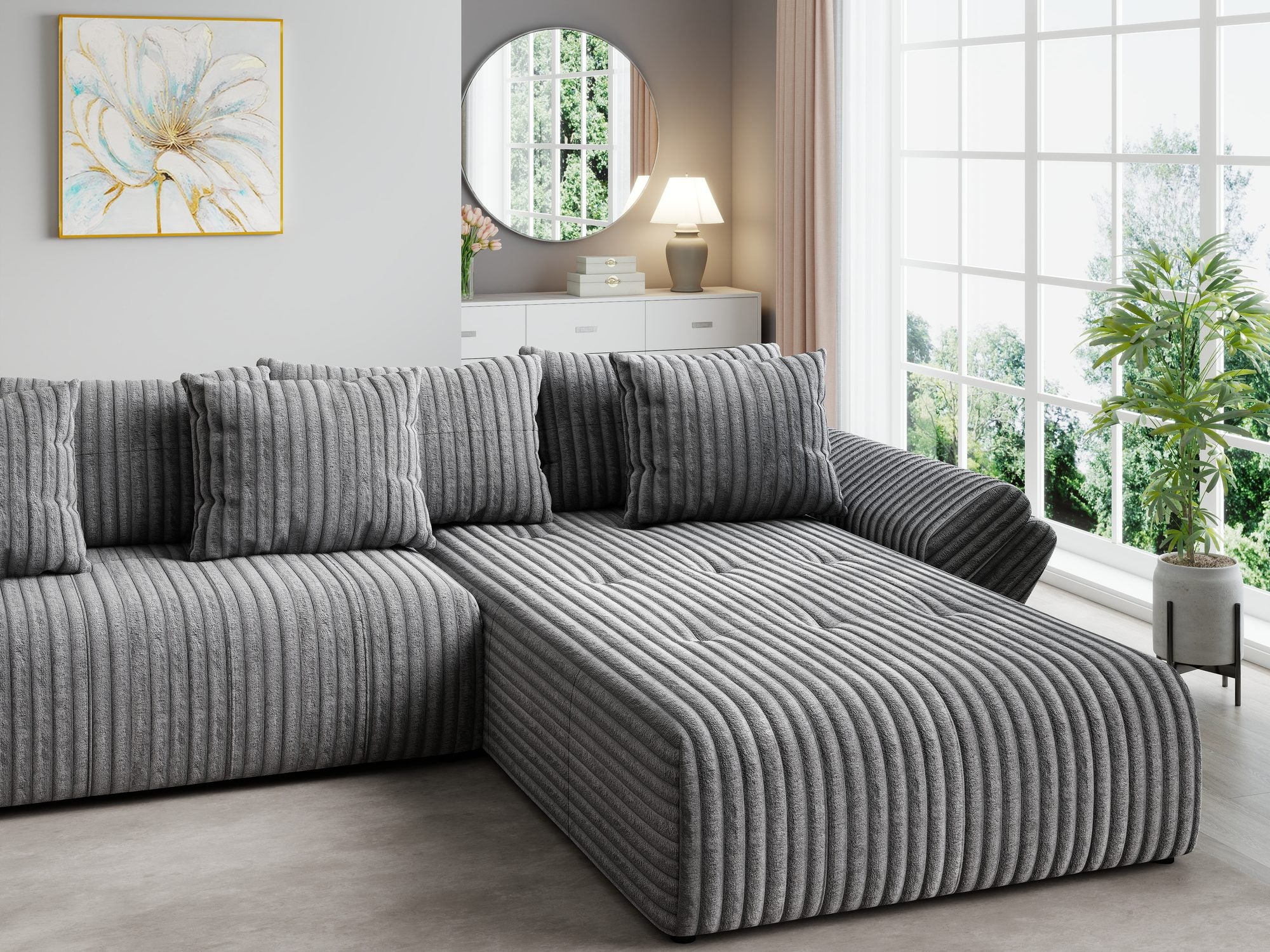 Colțar extensibil dumonde cu ladă de depozitare si sezut confortabil din spuma high-density, Berlin U Tilia Gri 90 380x180 cm