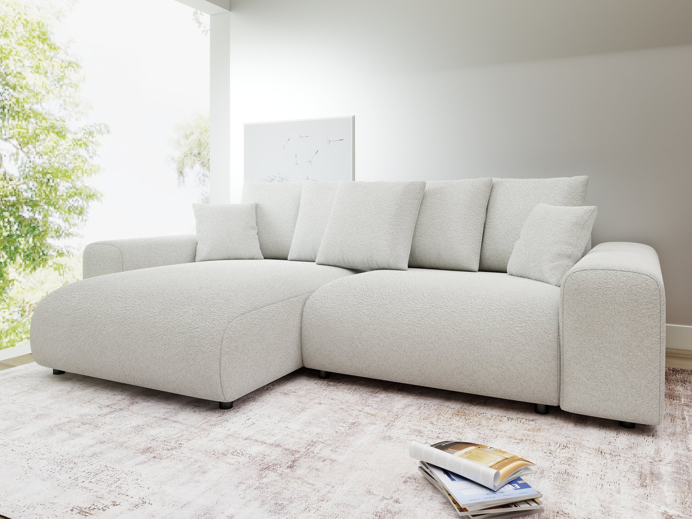 Colțar extensibil dumonde cu ladă de depozitare și șezut confortabil din spumă HR, Luma Euphoria Alb 255x168 cm