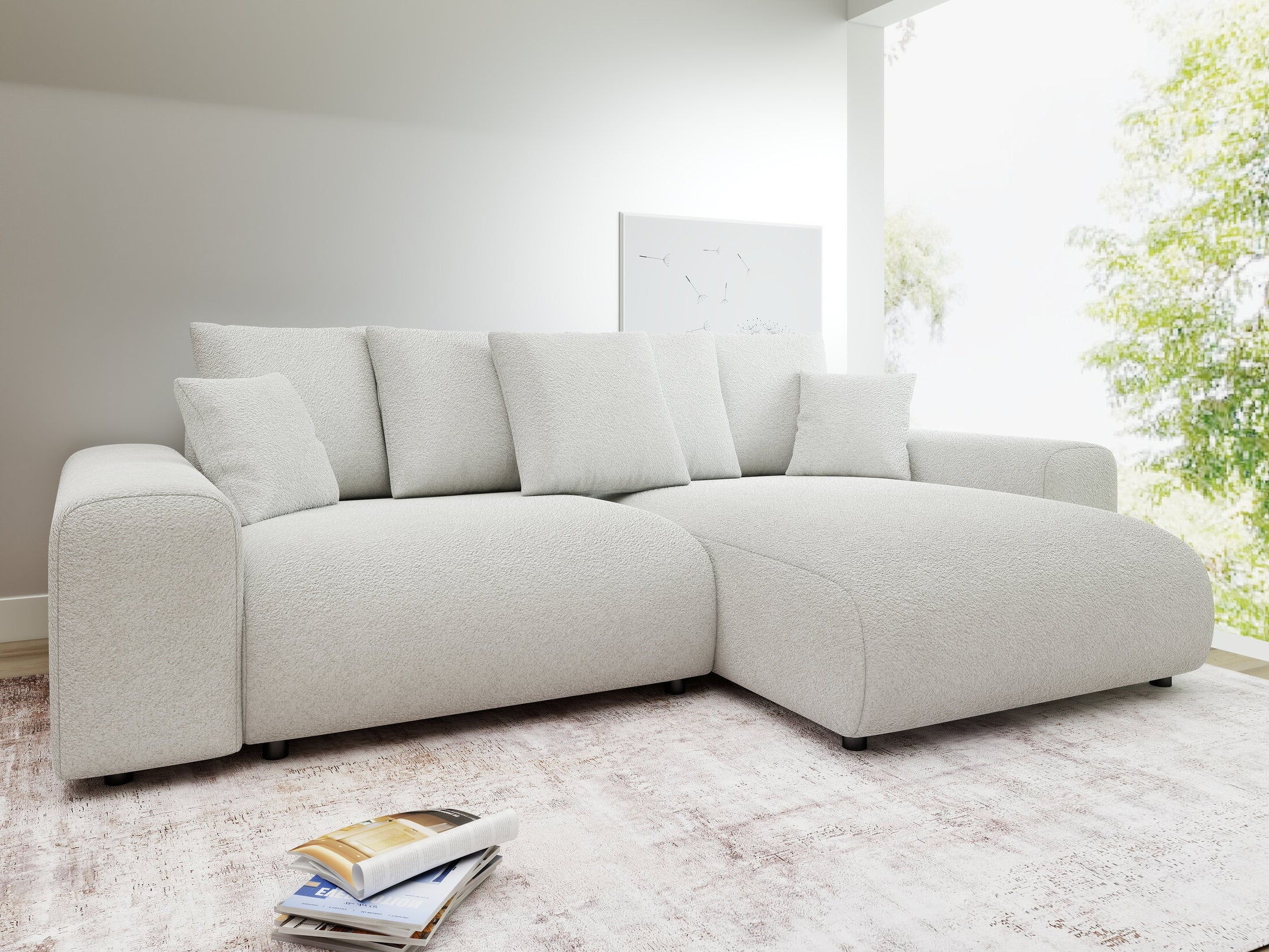 Colțar extensibil dumonde cu ladă de depozitare și șezut confortabil din spumă HR, Luma Euphoria Alb 255x168 cm II