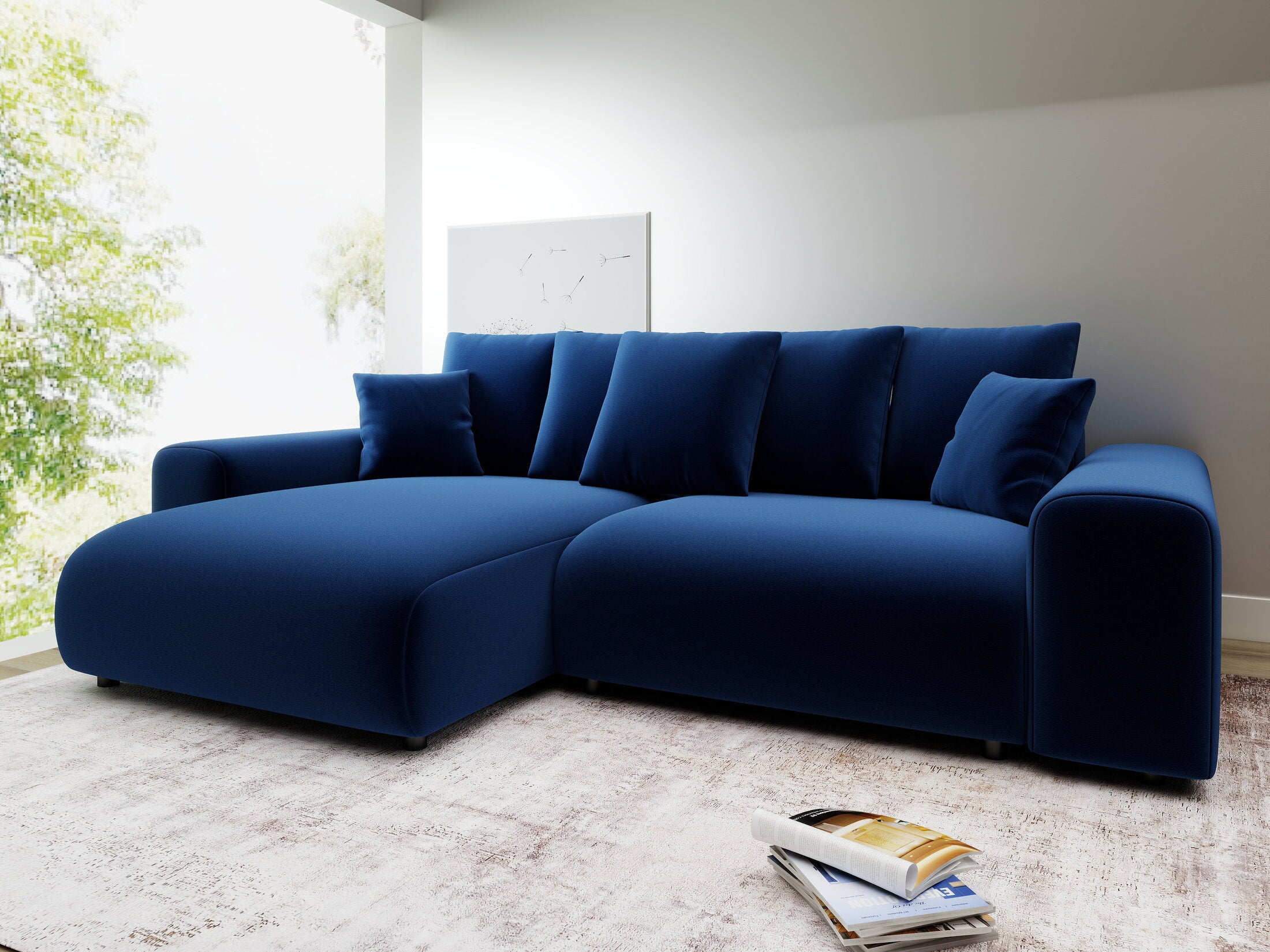 Colțar extensibil dumonde cu ladă de depozitare și șezut confortabil din spumă HR, Luma Royal Albastru Navy 255x168 cm