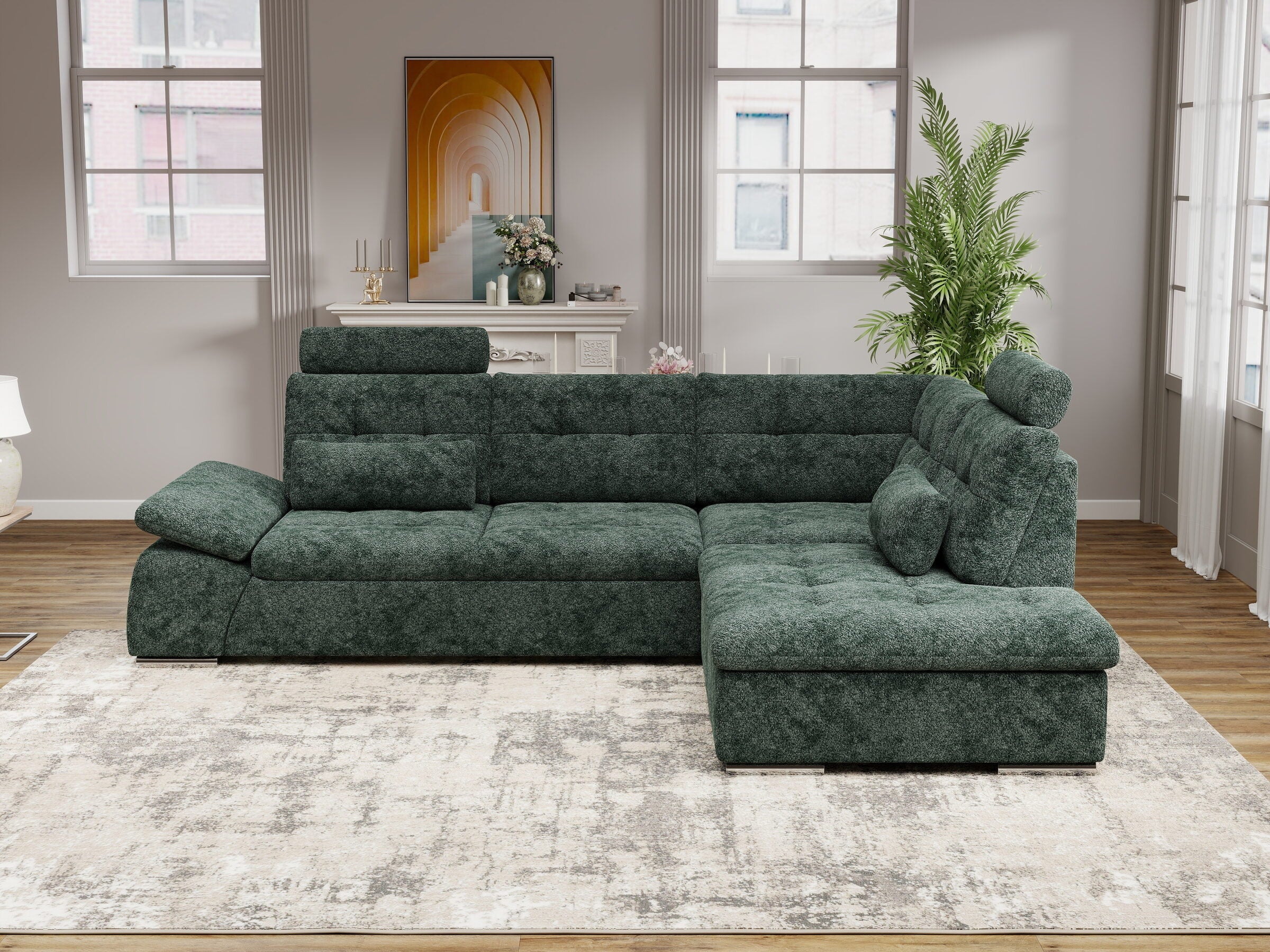 Colțar extensibil dumonde cu ladă de depozitare și șezut confortabil din spumă HR, Merkur XL Euphoria Verde 256x217 cm