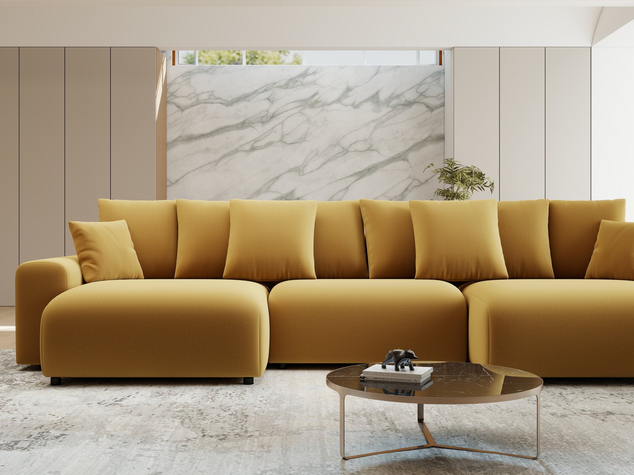 Colțar extensibil dumonde cu ladă de depozitare si sezut confortabil din spuma HR, Luma U Royal Mustar 336x140 cm