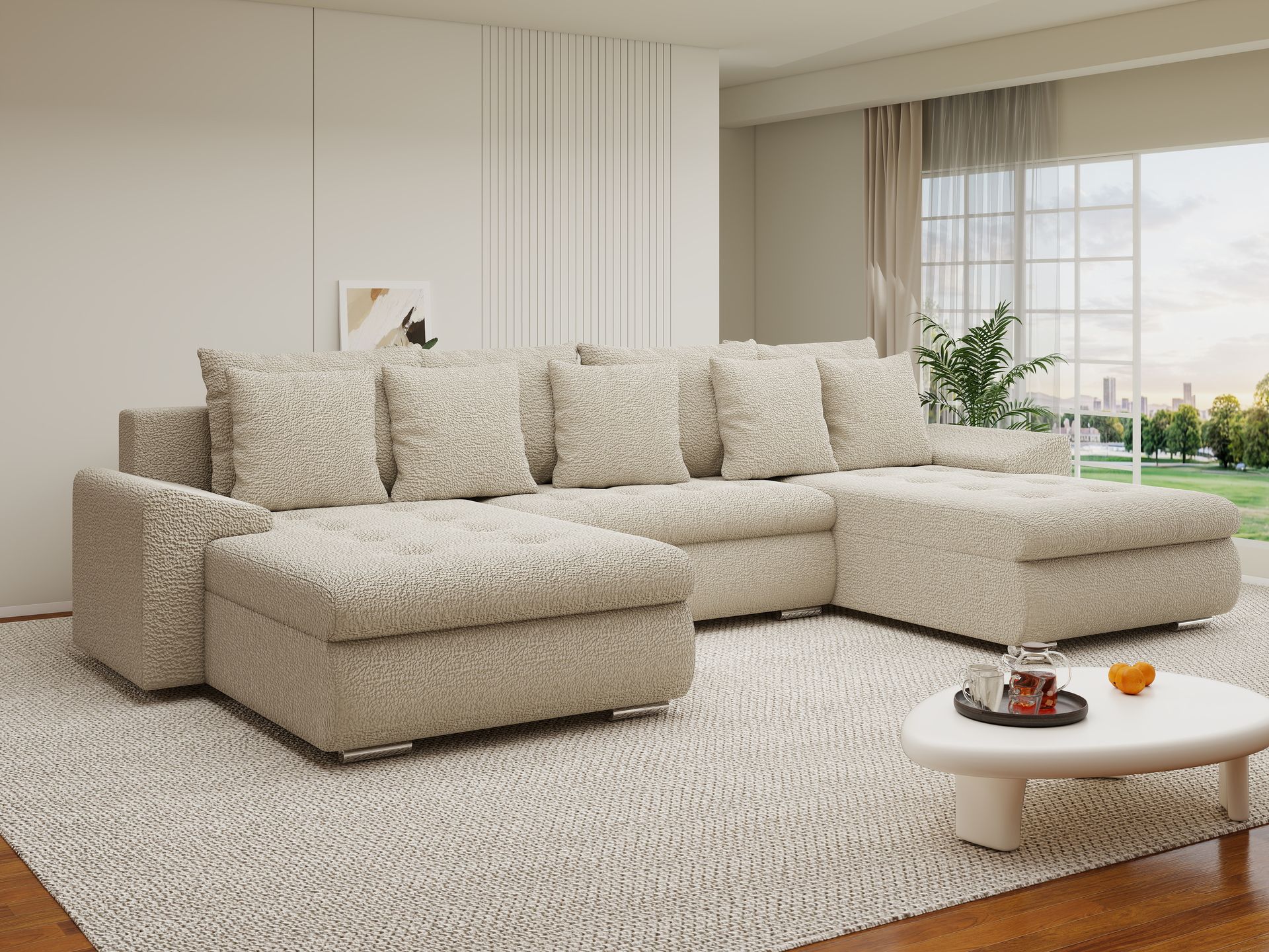 Colțar extensibil dumonde cu ladă de depozitare si sezut confortabil din spuma high-density, Leonardo U Jaguar Bej 04 360x185 cm
