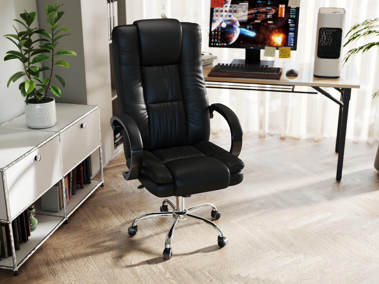 Scaun Dumonde IRONCLAD, cotiere 3D, mecanism multifuncțional, ecopiele, suport picioare, negru