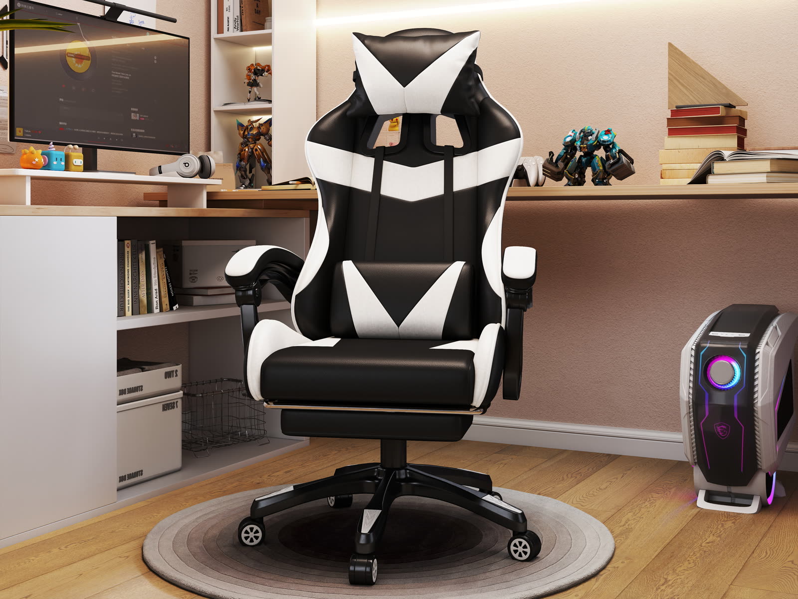 Scaun gaming Dumonde NOVA, mecanism multifuncțional, ecopiele, suport picioare, alb/negru