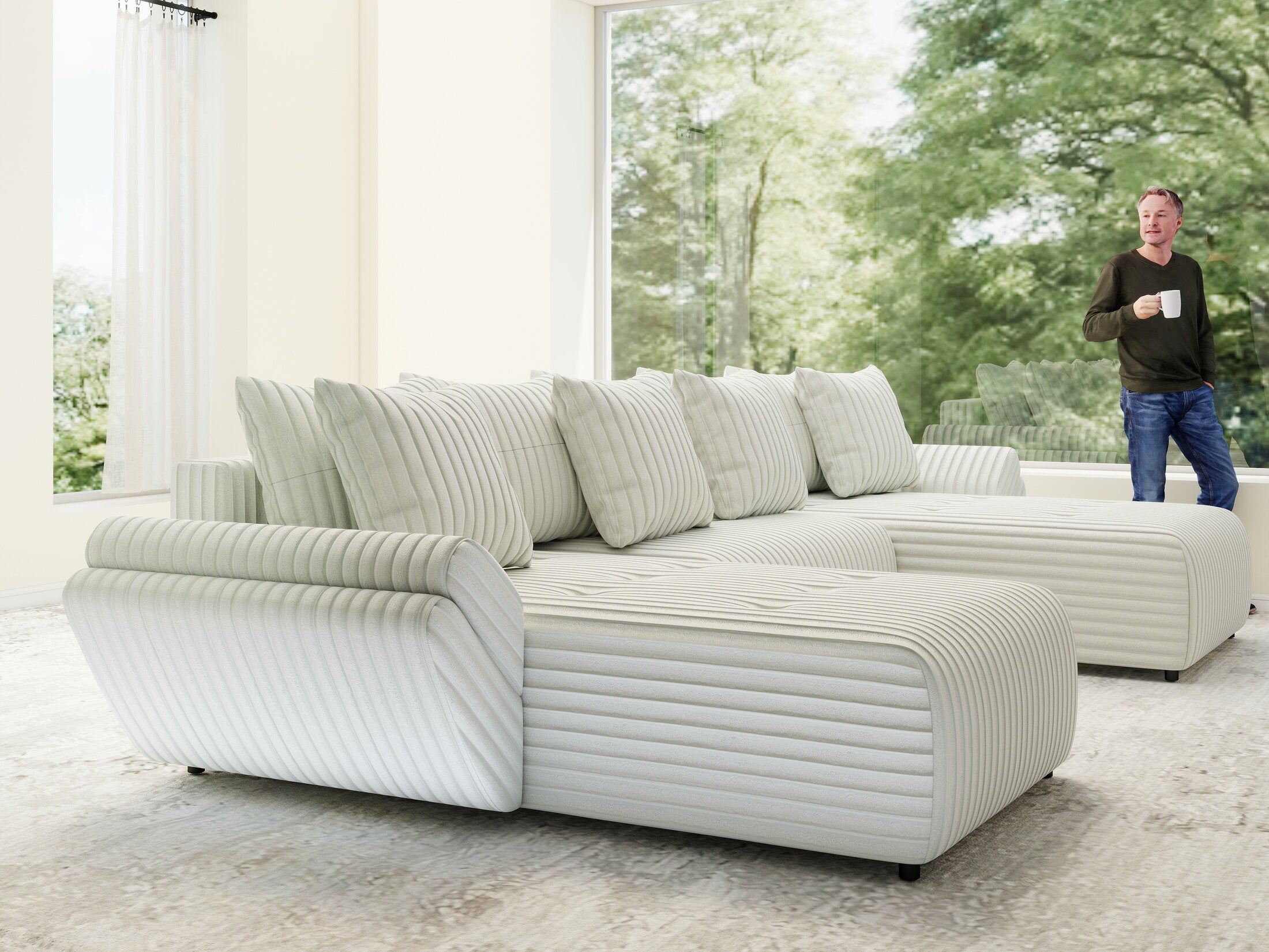 Colțar extensibil dumonde cu ladă de depozitare si sezut confortabil din spuma HR, Berlin U Ambience Ivory 380x180 cm