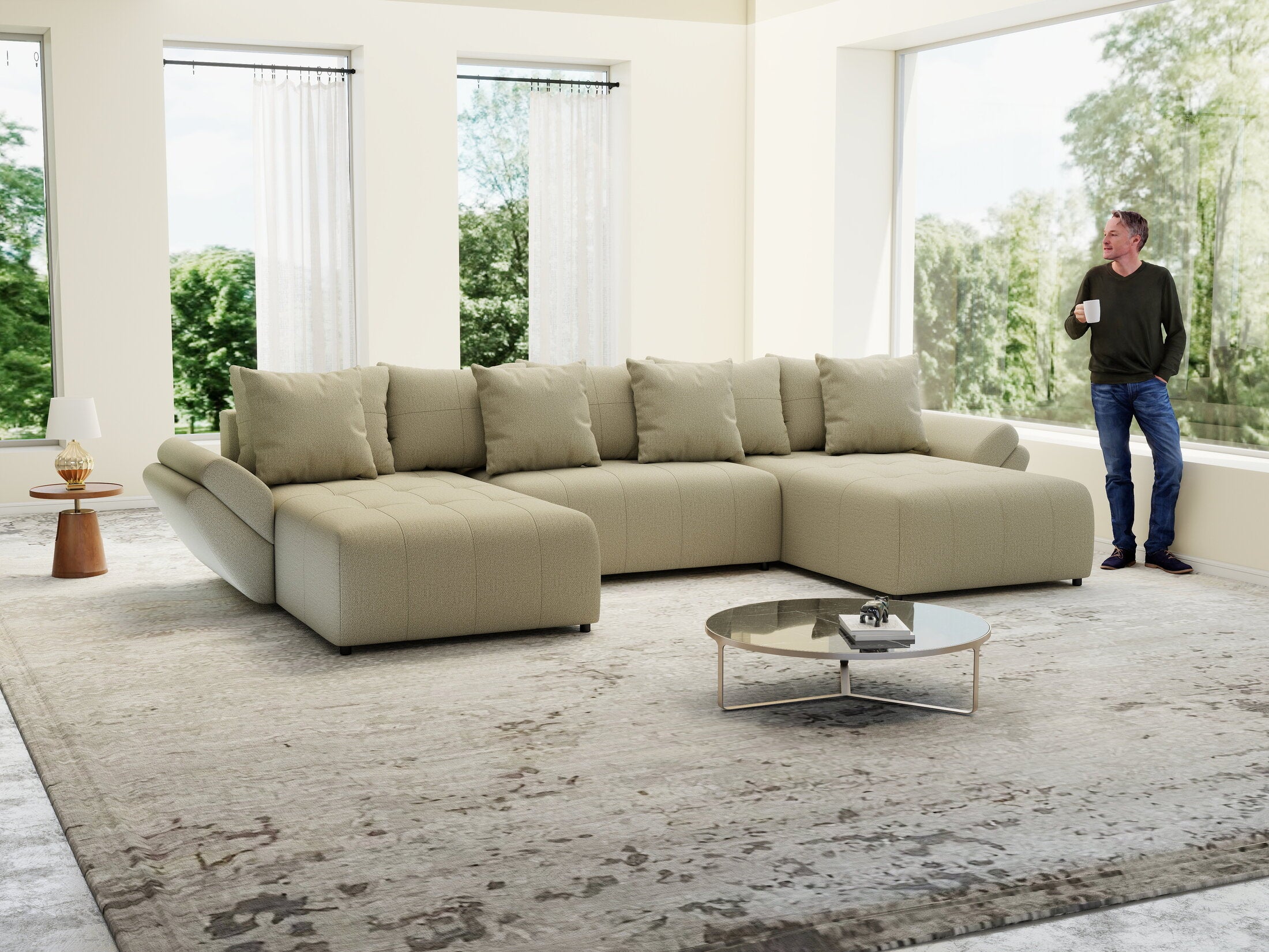 Colțar extensibil dumonde cu ladă de depozitare si sezut confortabil din spuma HR, Berlin U Enjoy Camel 380x180 cm