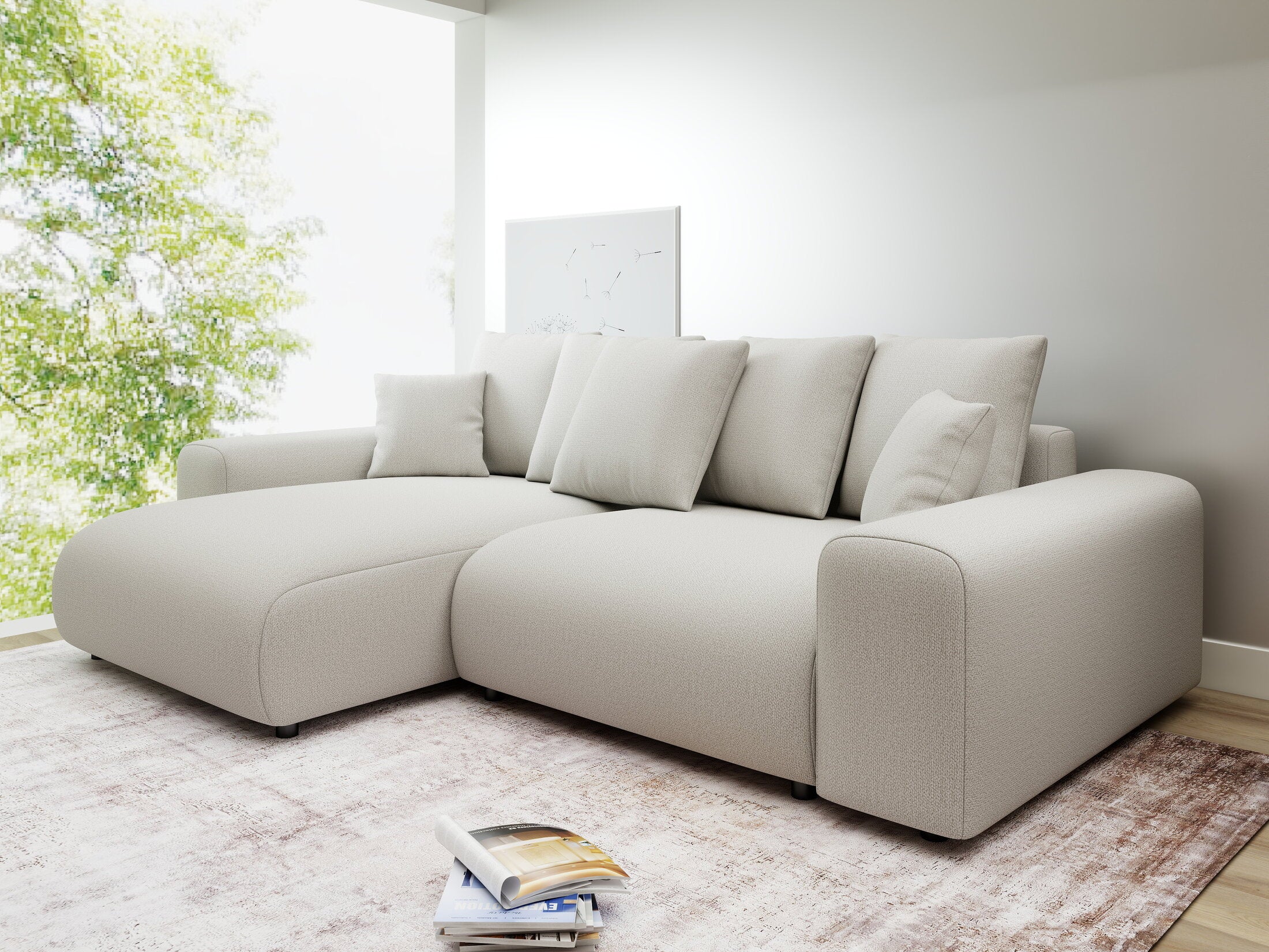 Colțar extensibil dumonde cu ladă de depozitare și șezut confortabil din spumă HR, Luma Enjoy Bej 255x168 cm