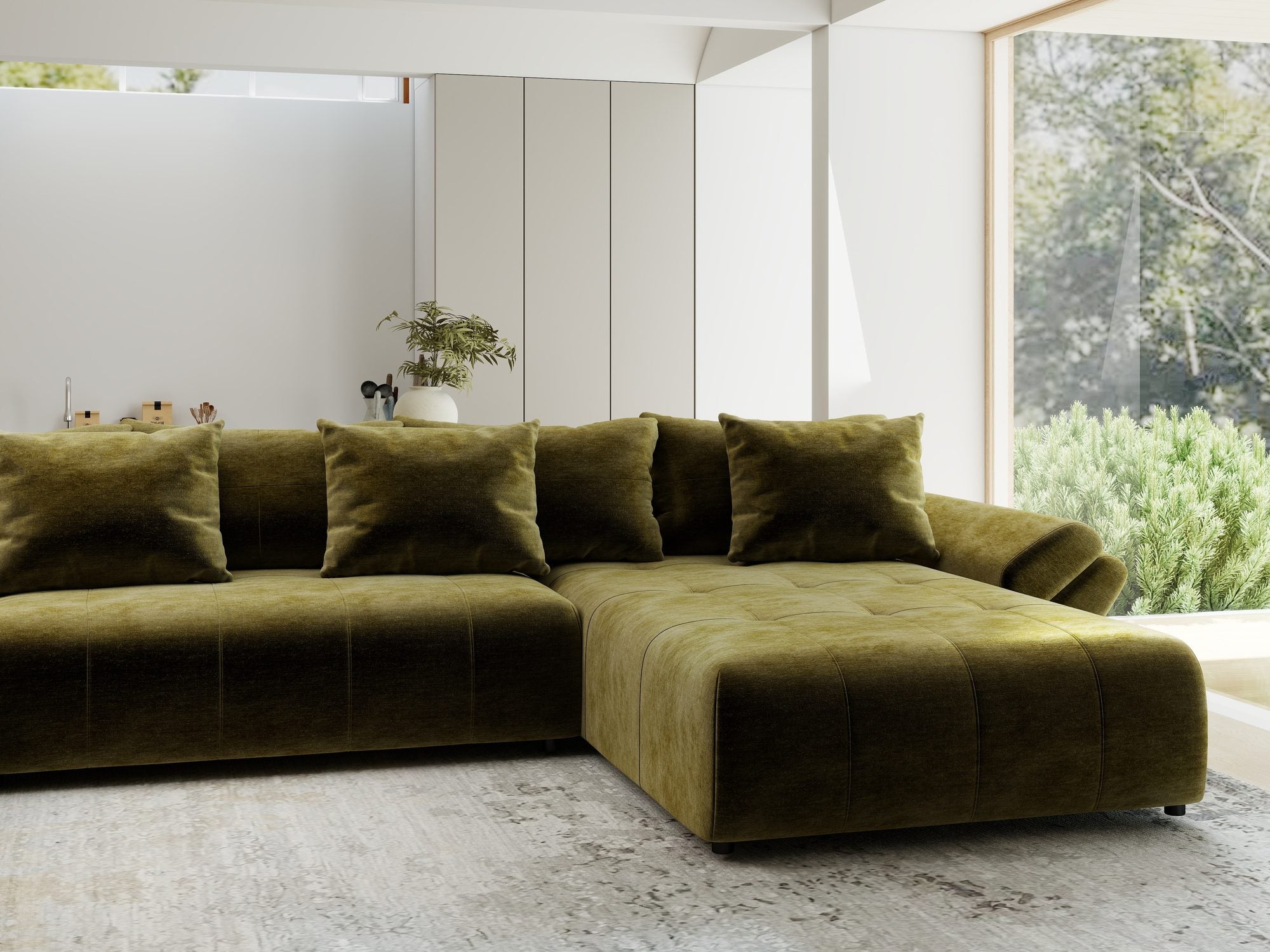 Colțar extensibil dumonde cu ladă de depozitare si sezut confortabil din spuma high-density, Berlin U Monolith Verde Olive 38 380x180 cm