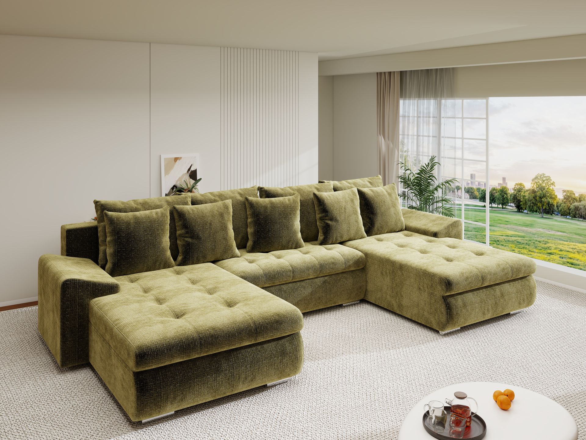 Colțar extensibil dumonde cu ladă de depozitare si sezut confortabil din spuma high-density, Leonardo U Cremona Olive 38 360x185 cm