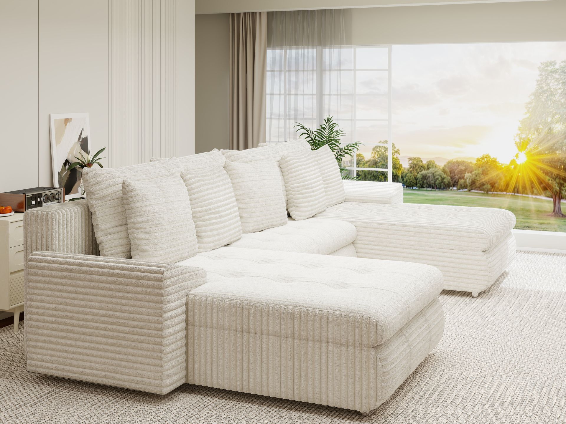 Colțar extensibil dumonde cu ladă de depozitare si sezut confortabil din spuma high-density, Leonardo U Tilia Bej 01 360x185 cm