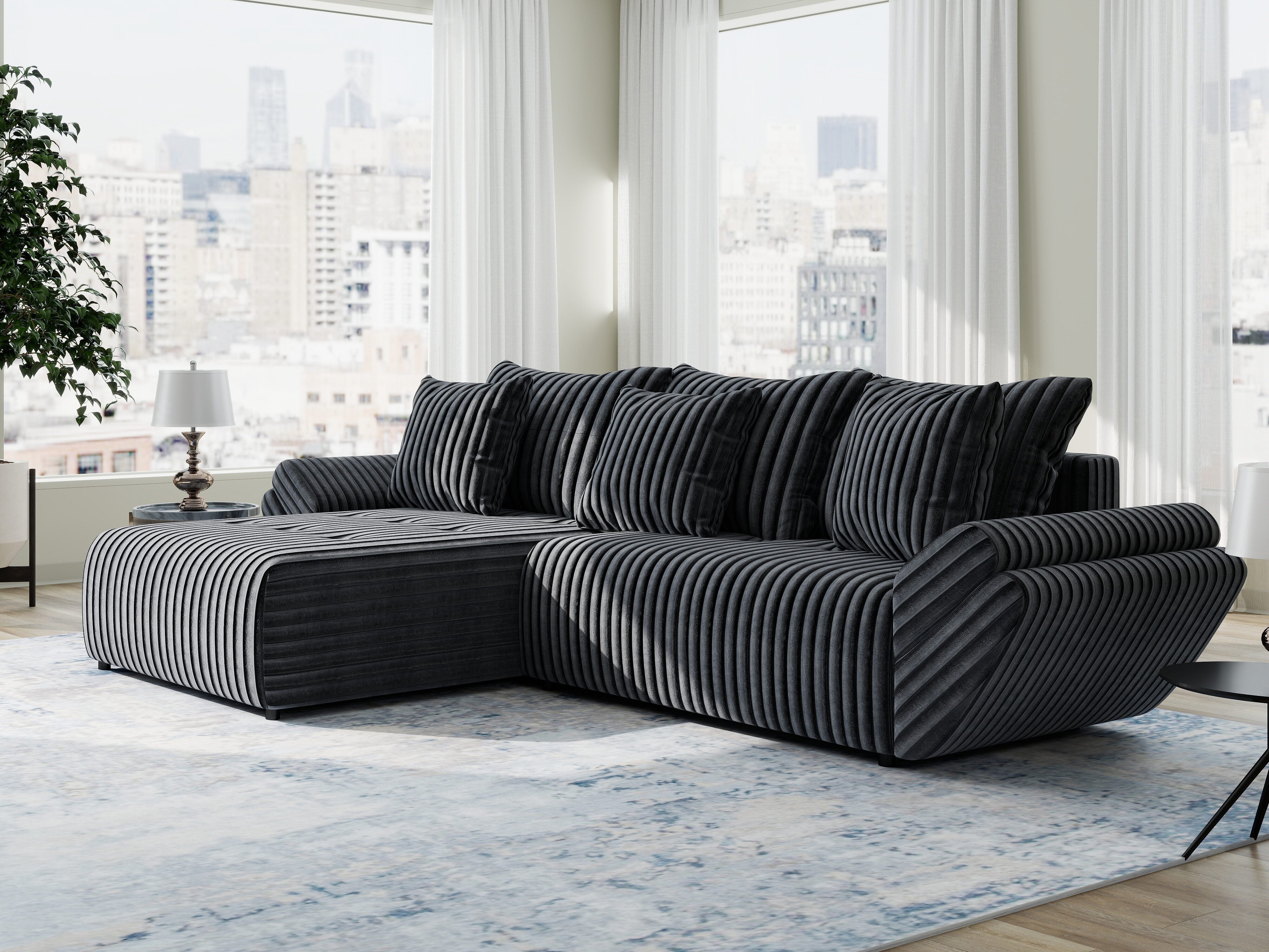 Colțar extensibil dumonde cu ladă de depozitare si sezut confortabil din spuma HR, Berlin Ambience Gri 280x185 cm