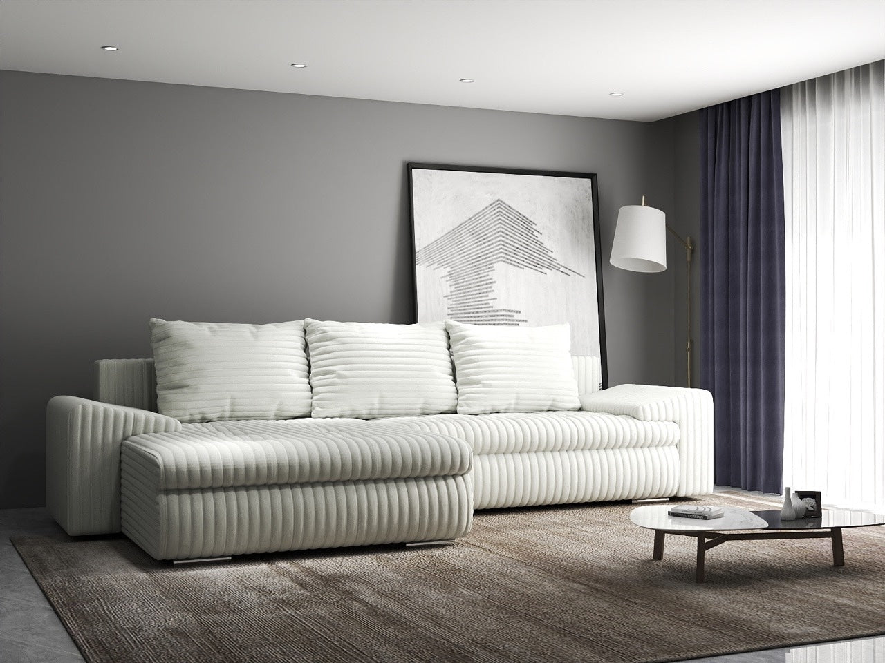 Colțar extensibil dumonde cu ladă de depozitare si sezut confortabil din spuma HR, Leonardo Ambience Ivory 260x185 cm Fabrica