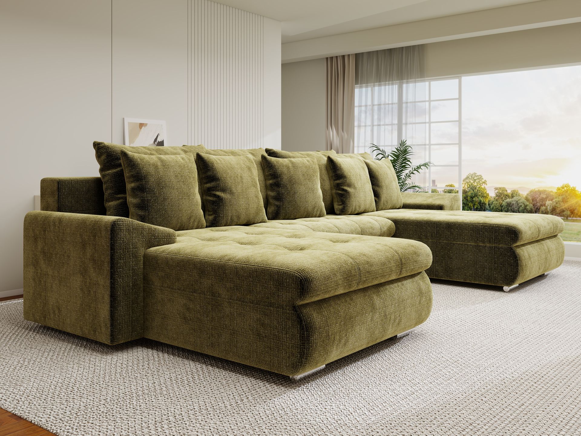 Colțar extensibil dumonde cu ladă de depozitare si sezut confortabil din spuma high-density, Leonardo U Cremona Olive 38 360x185 cm