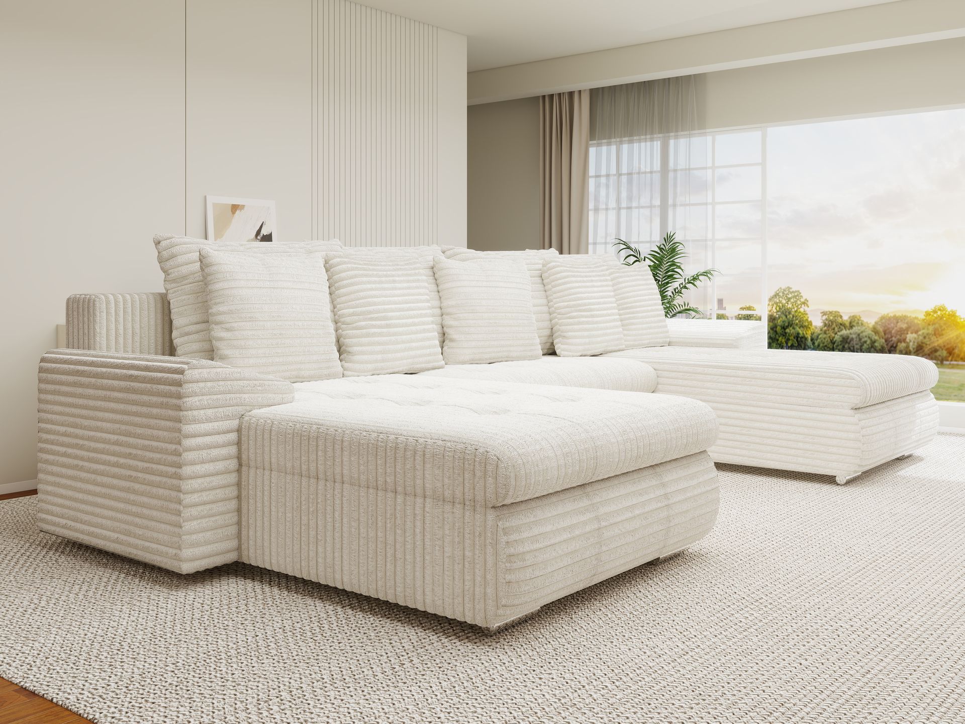 Colțar extensibil dumonde cu ladă de depozitare si sezut confortabil din spuma high-density, Leonardo U Tilia Bej 01 360x185 cm