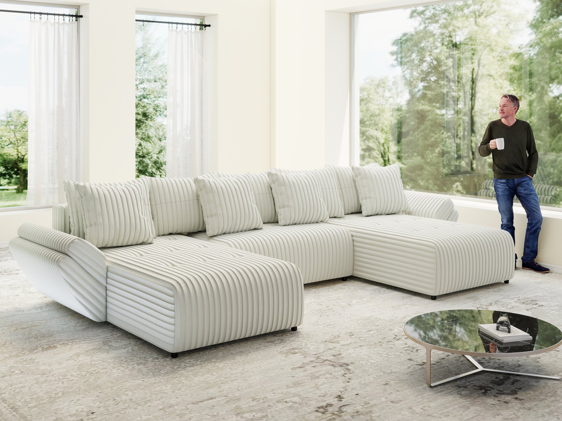 Colțar extensibil dumonde cu ladă de depozitare si sezut confortabil din spuma HR, Berlin U Ambience Ivory 380x180 cm