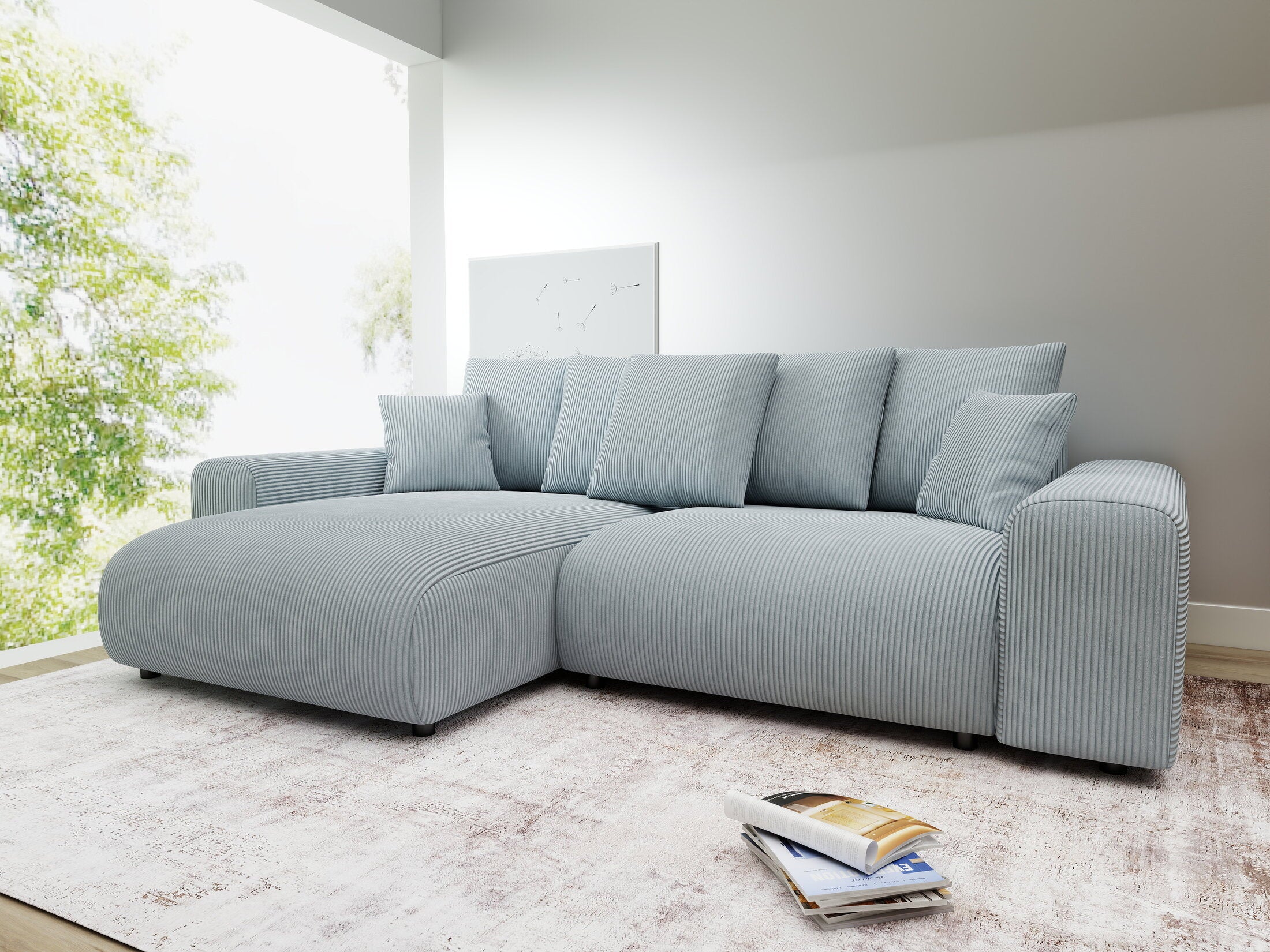 Colțar extensibil dumonde cu ladă de depozitare și șezut confortabil din spumă HR, Luma Zoom Gri Mint 255x168 cm