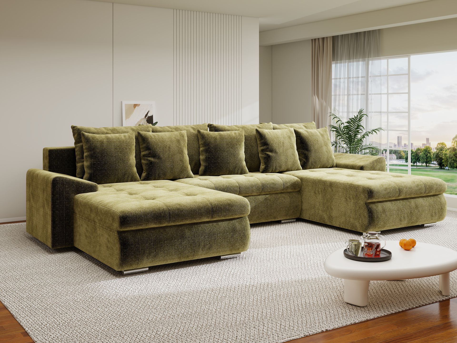 Colțar extensibil dumonde cu ladă de depozitare si sezut confortabil din spuma high-density, Leonardo U Cremona Olive 38 360x185 cm