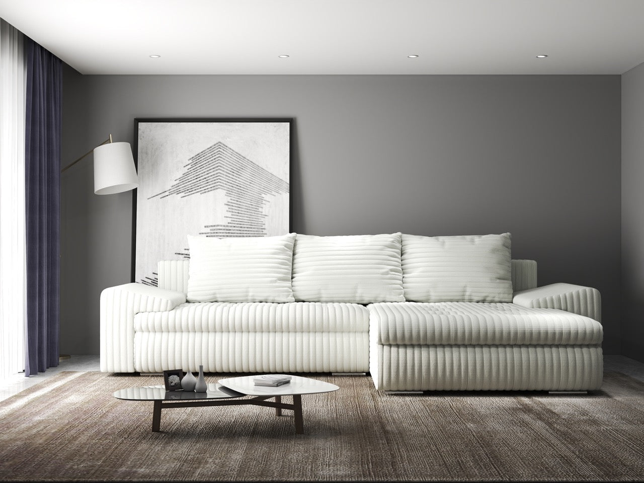 Colțar extensibil dumonde cu ladă de depozitare si sezut confortabil din spuma HR, Leonardo Ambience Ivory 260x185 cm II Fabrica