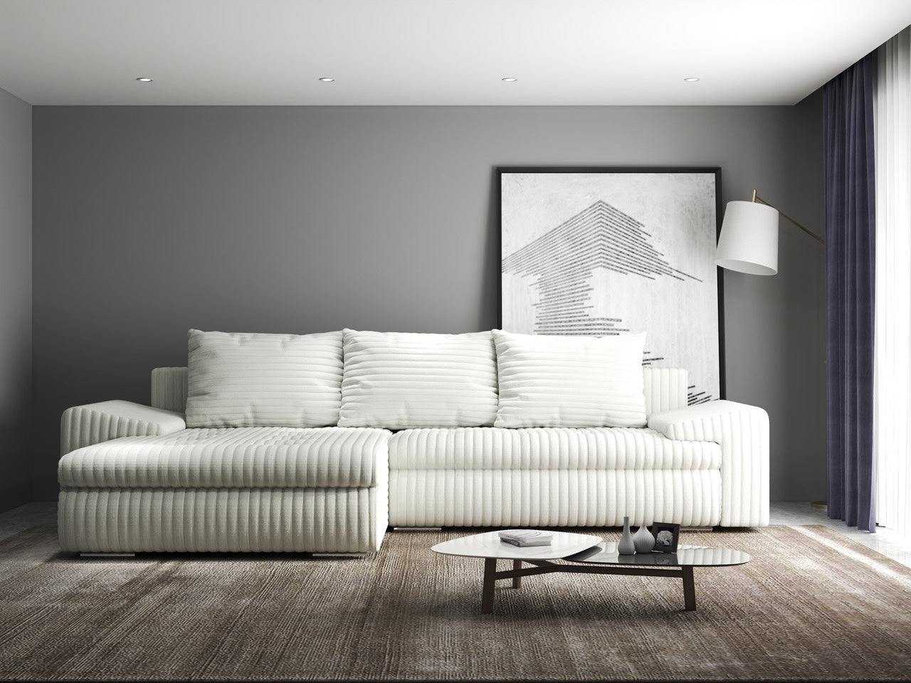 Colțar extensibil dumonde cu ladă de depozitare si sezut confortabil din spuma HR, Leonardo Ambience Ivory 260x185 cm Fabrica