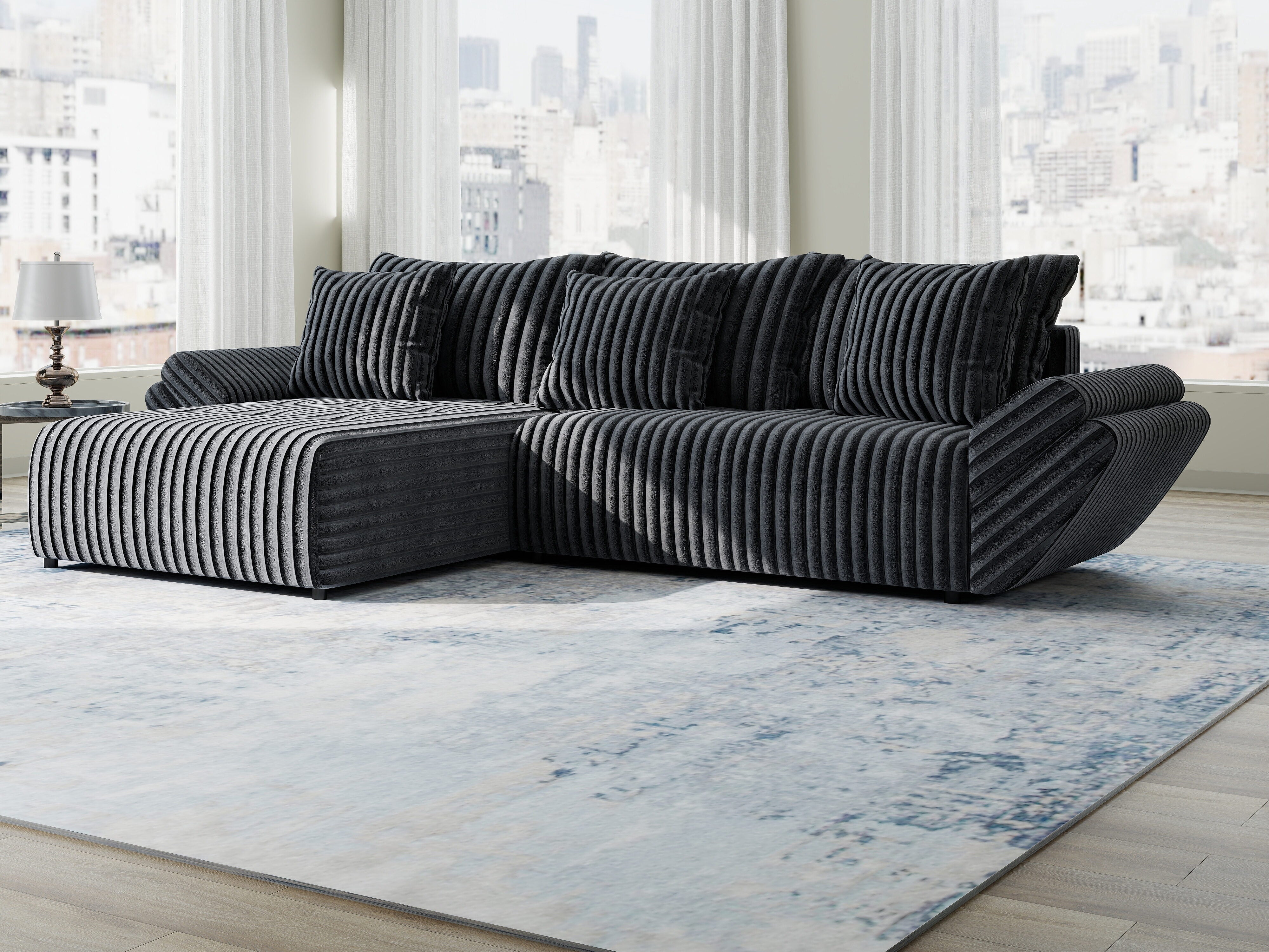 Colțar extensibil dumonde cu ladă de depozitare si sezut confortabil din spuma HR, Berlin Ambience Gri 280x185 cm