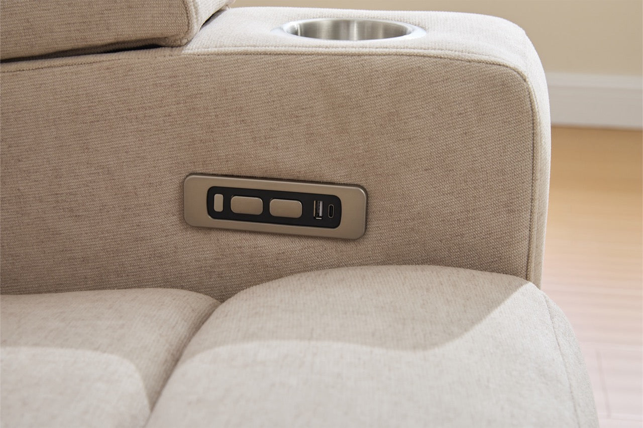 Canapea 3 locuri cu 2 reclinere electrice, masuta, USB-C, suport pahare, lumini de citire, lumini LED, Torven 216x96cm